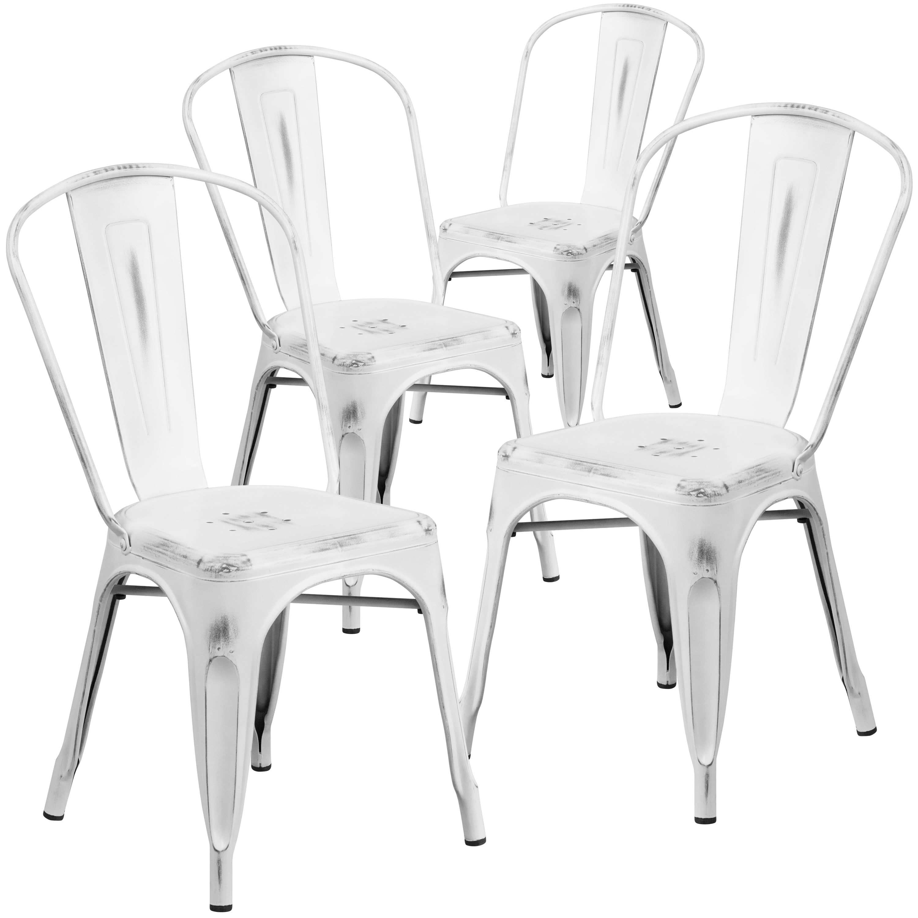 Distressed White Metal Indoor-Outdoor Stackable Dining Chair Set