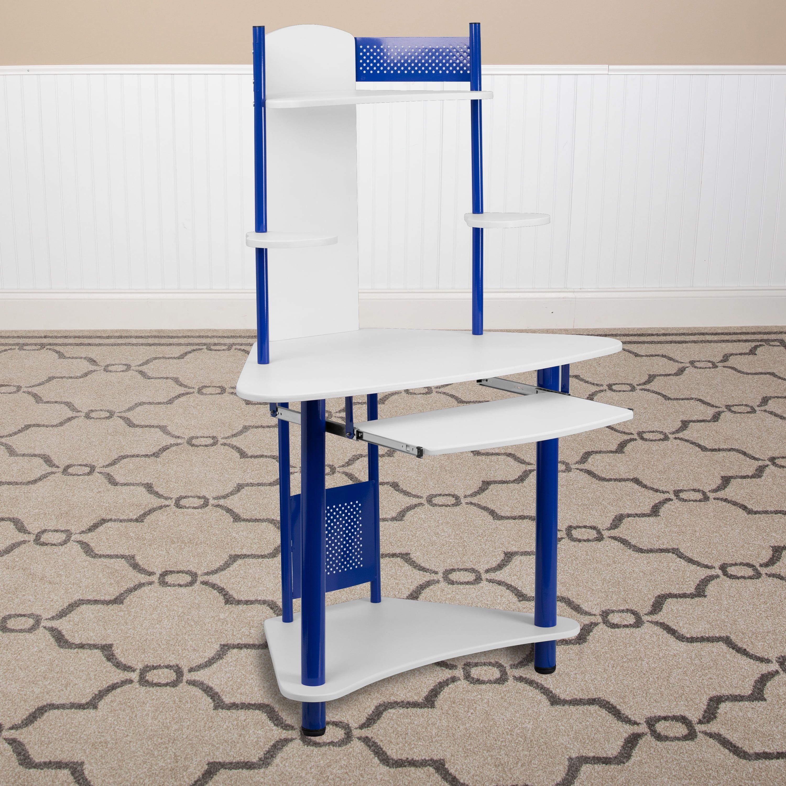 Compact Blue and White Corner Computer Desk with Integrated Hutch