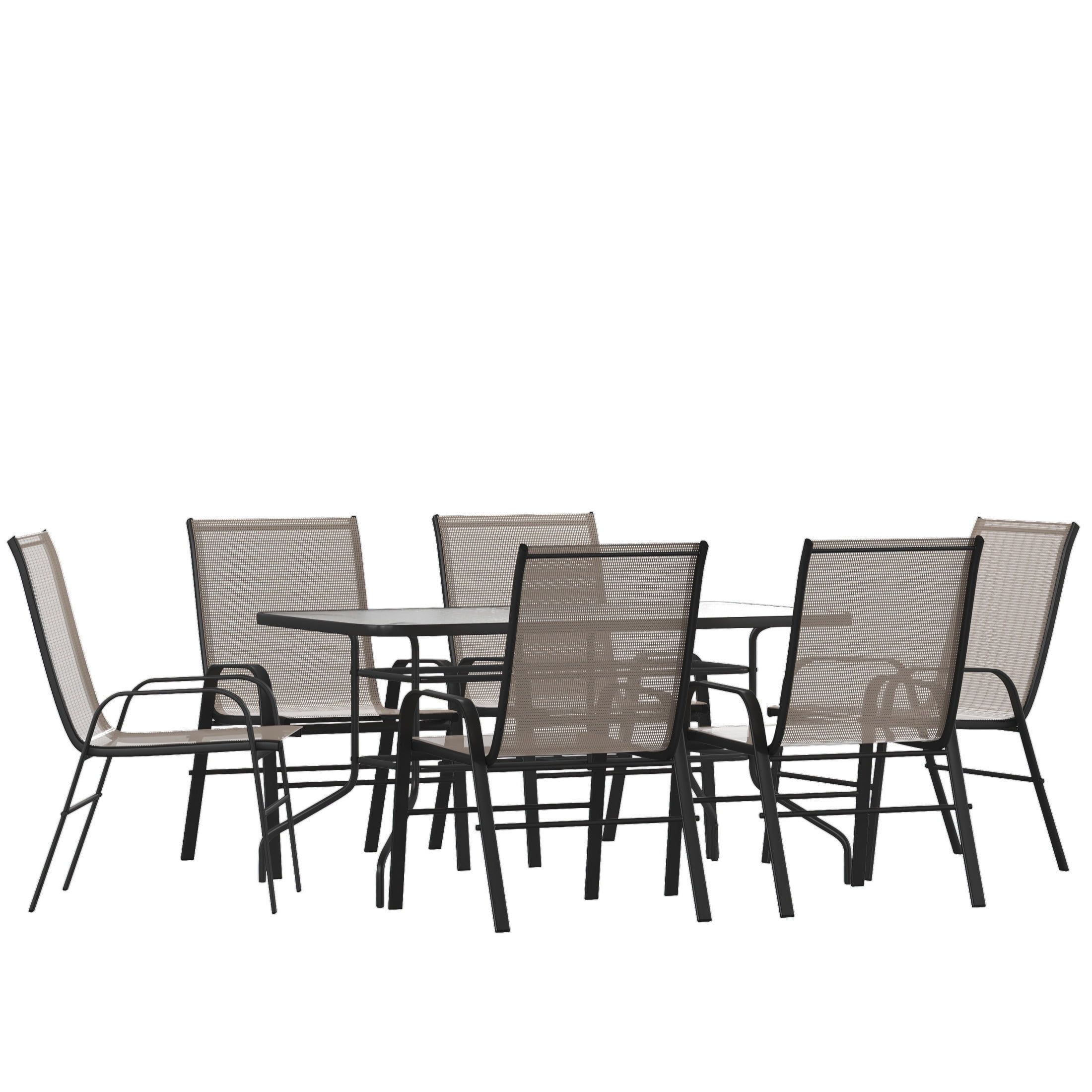 Brown 7-Piece Steel and Glass Outdoor Dining Set