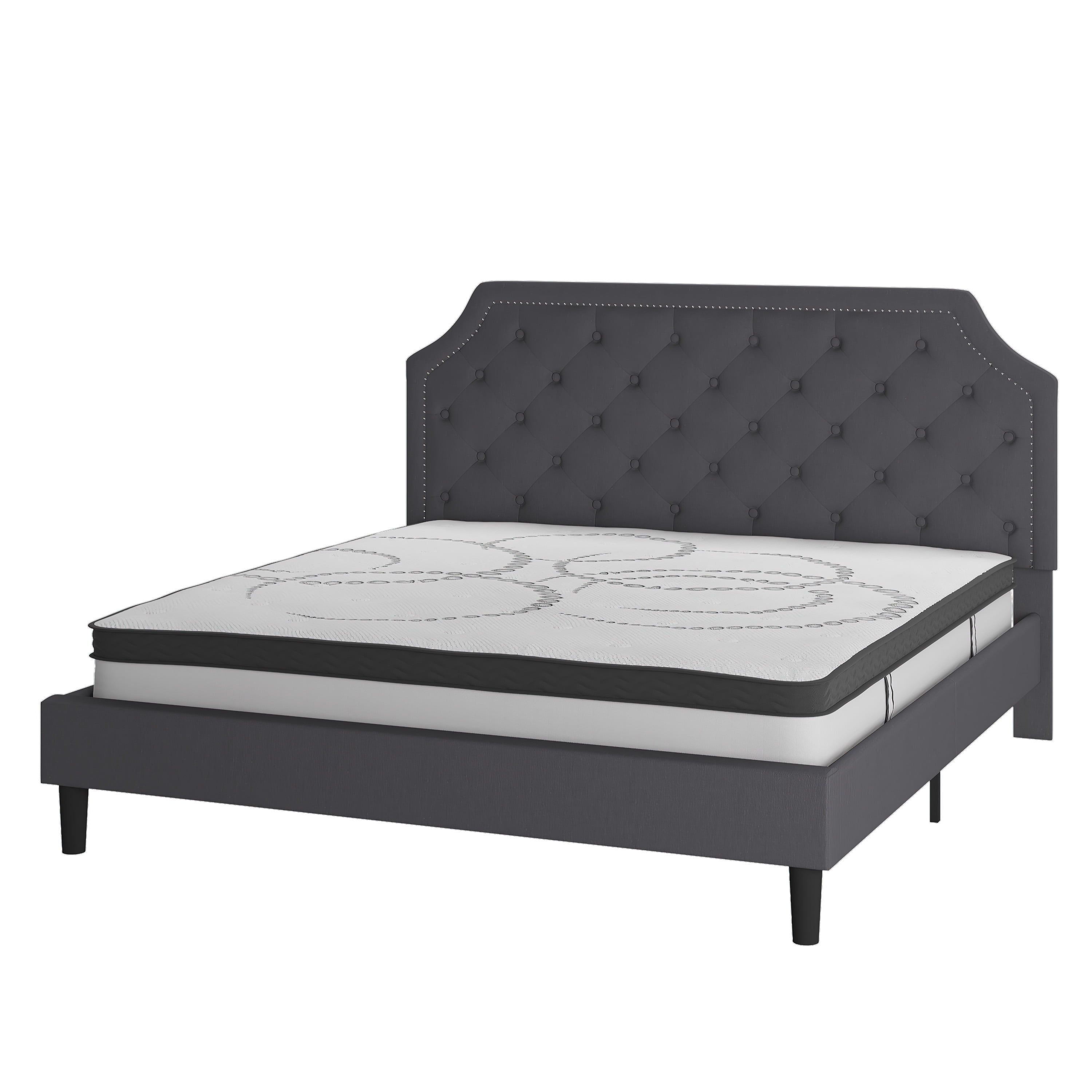 King Dark Gray Tufted Upholstered Platform Bed with Nailhead Trim