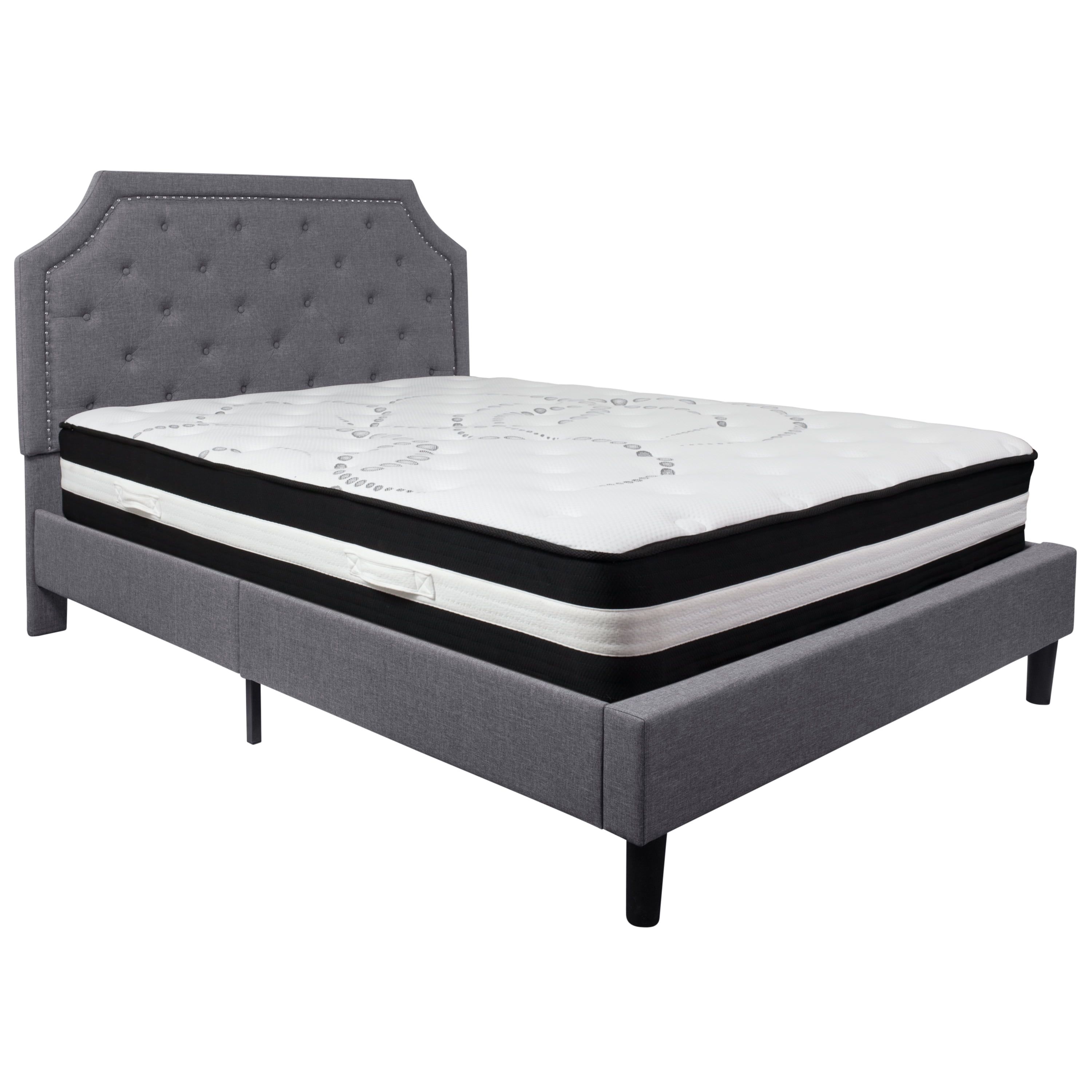 Transitional Queen Upholstered Platform Bed with Nailhead Trim - Light Gray