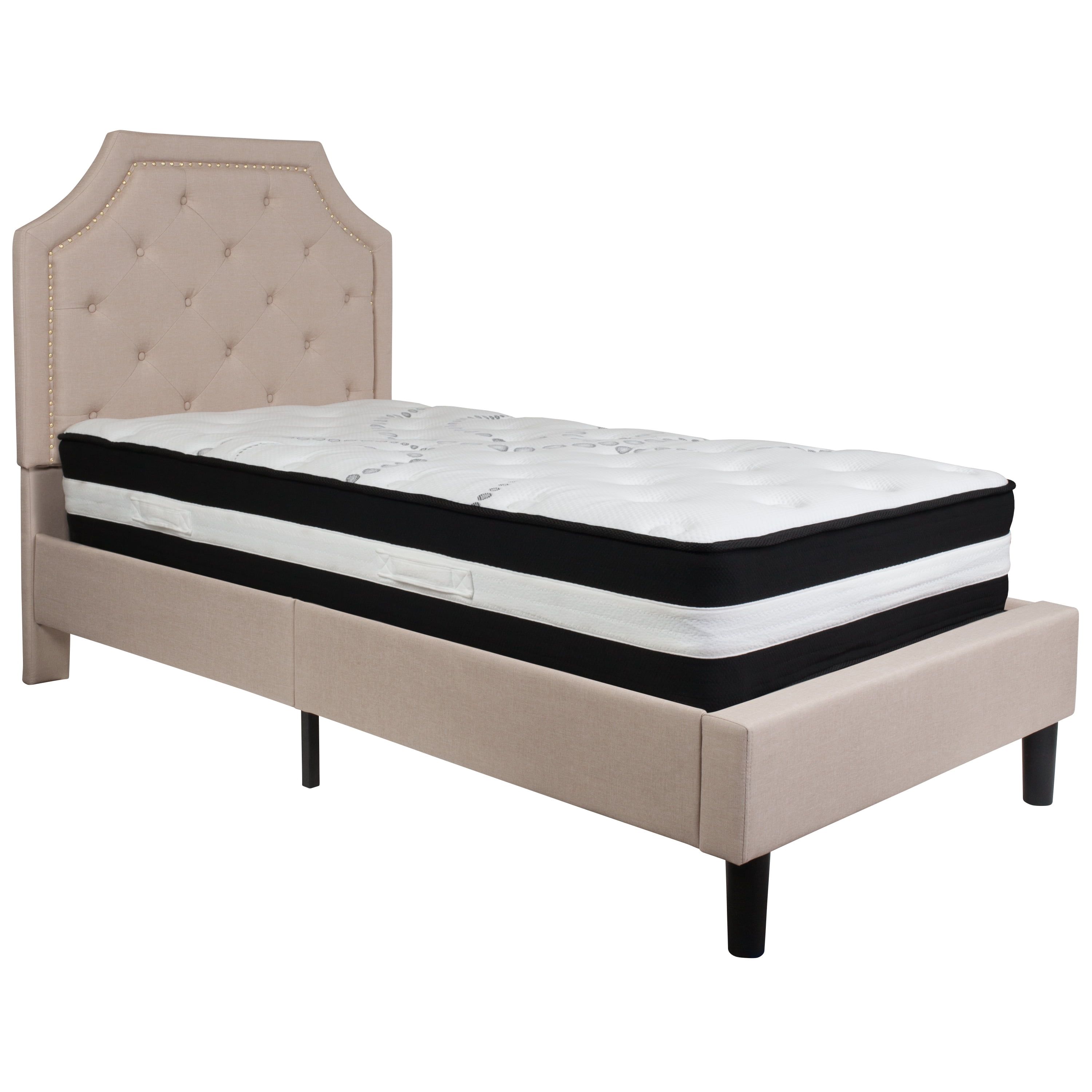 Transitional Twin Beige Fabric Upholstered Bed with Nailhead Trim