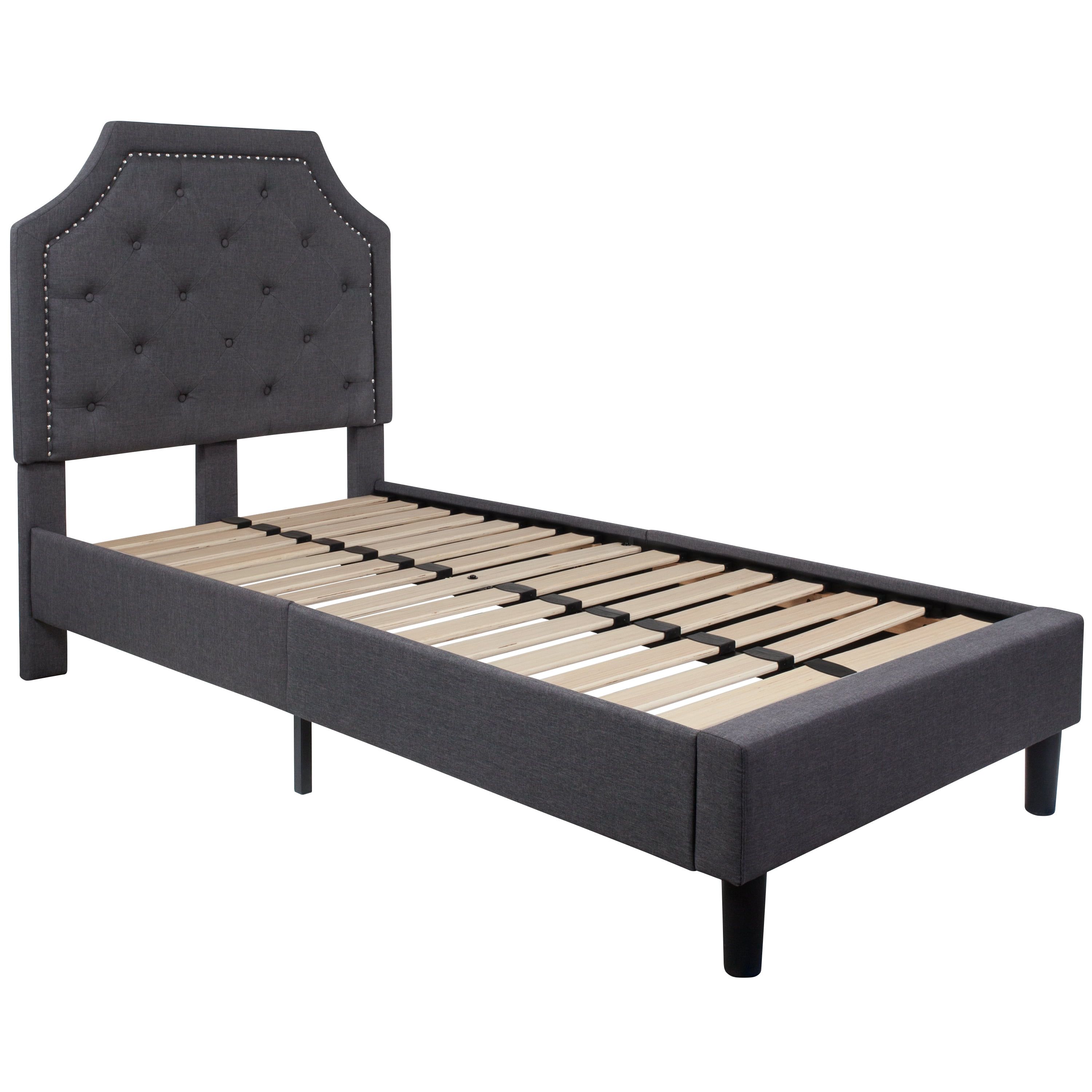 Dark Gray Twin Upholstered Platform Bed with Nailhead Trim