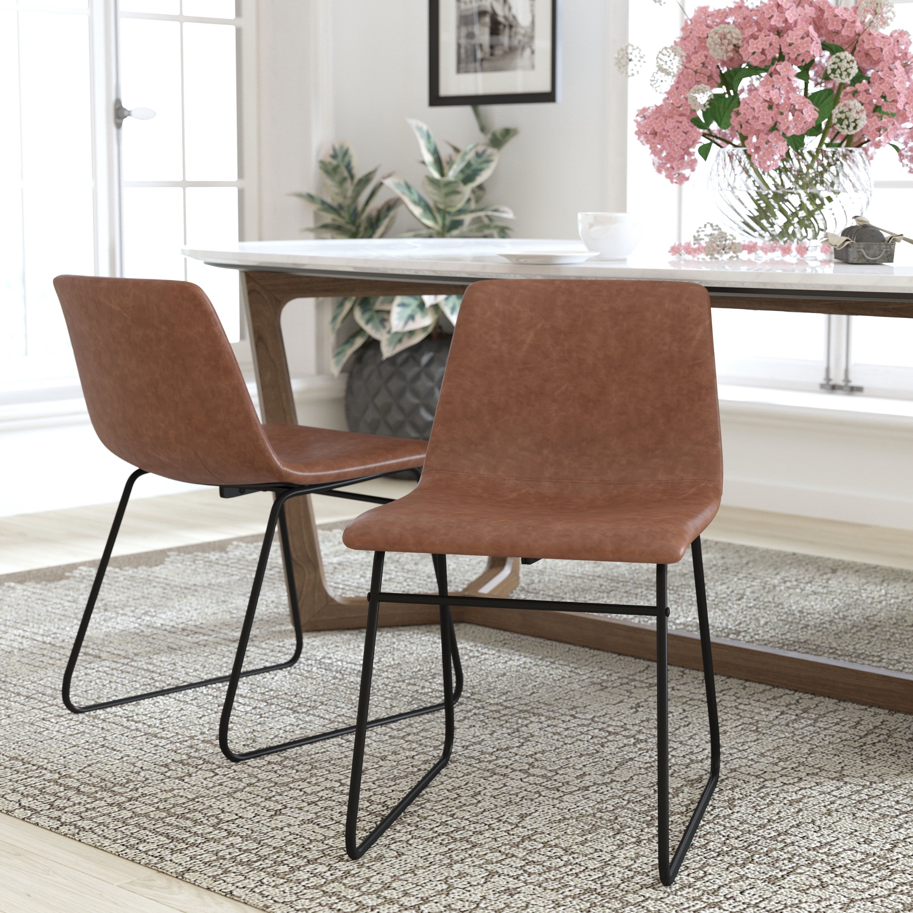 Light Brown Metal Frame High Back Dining Side Chair