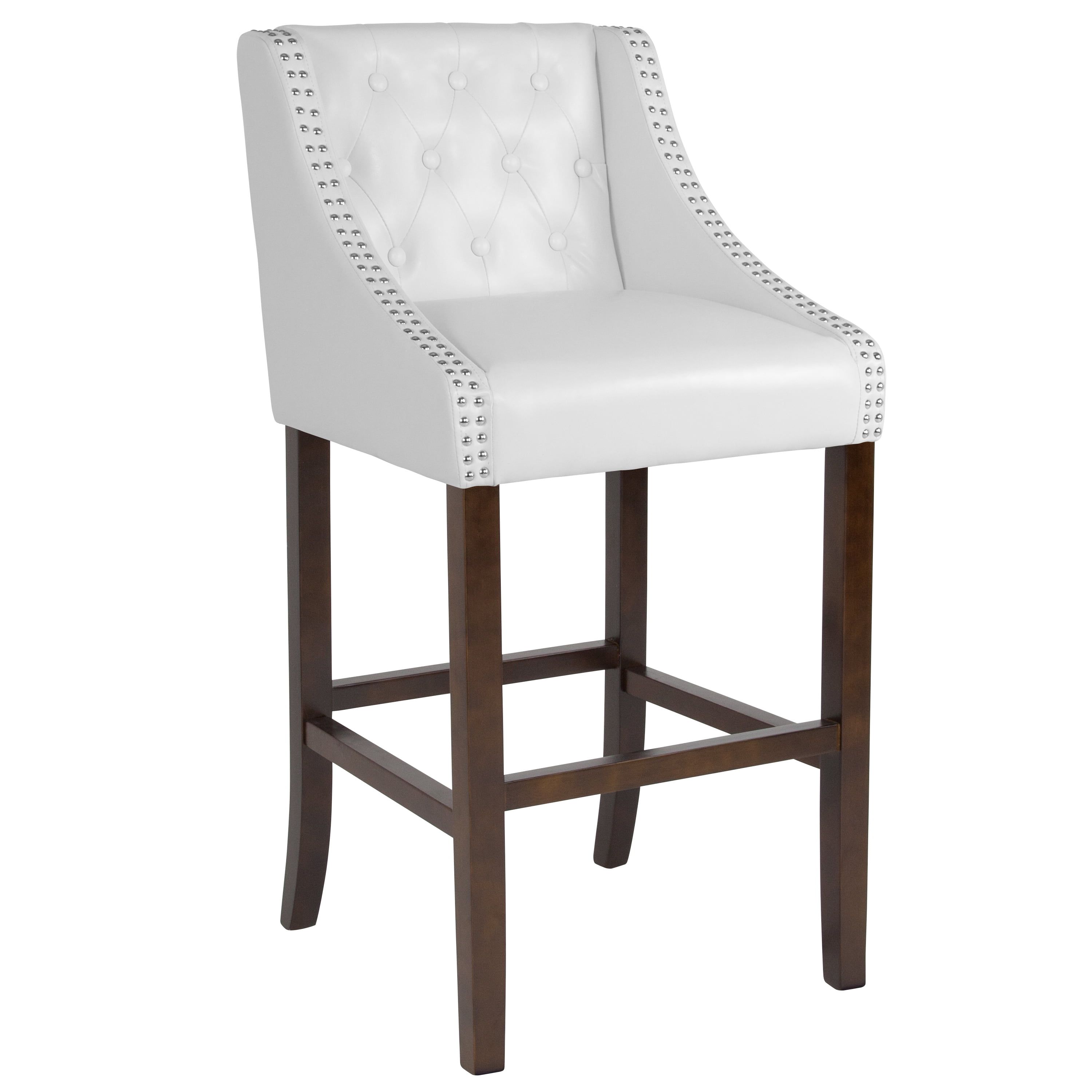 White Tufted Leather Saddle Barstool with Walnut Wood Frame