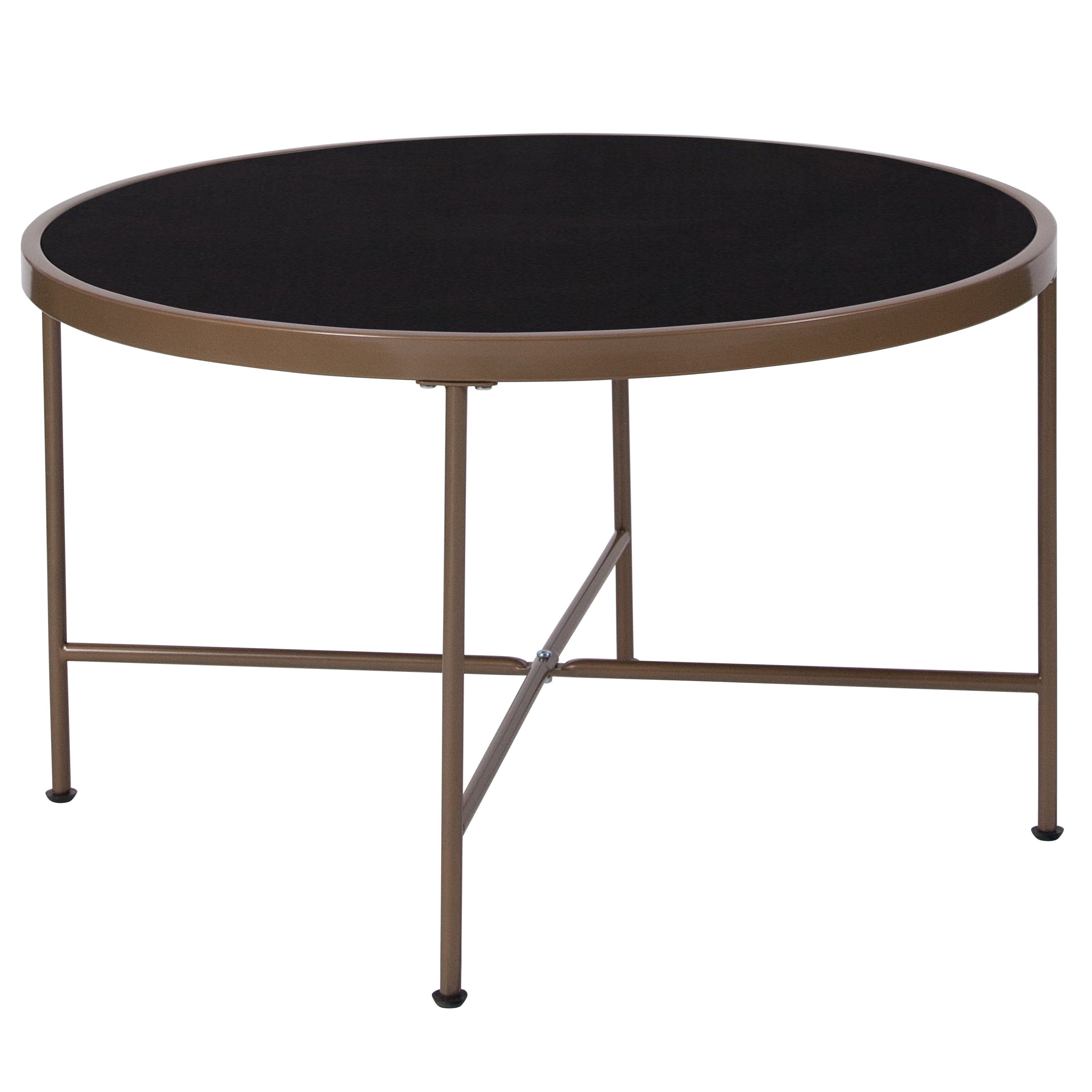 32" Round Black Glass Coffee Table with Matte Gold Frame