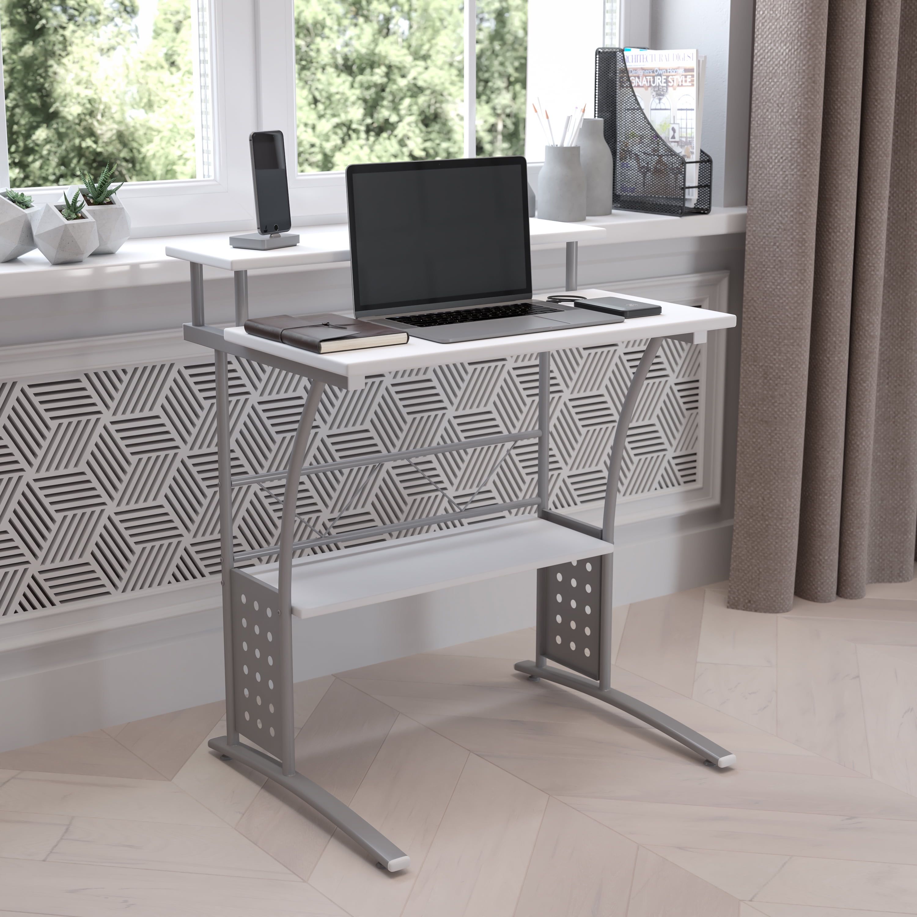 White and Silver Compact Computer Desk with Shelves