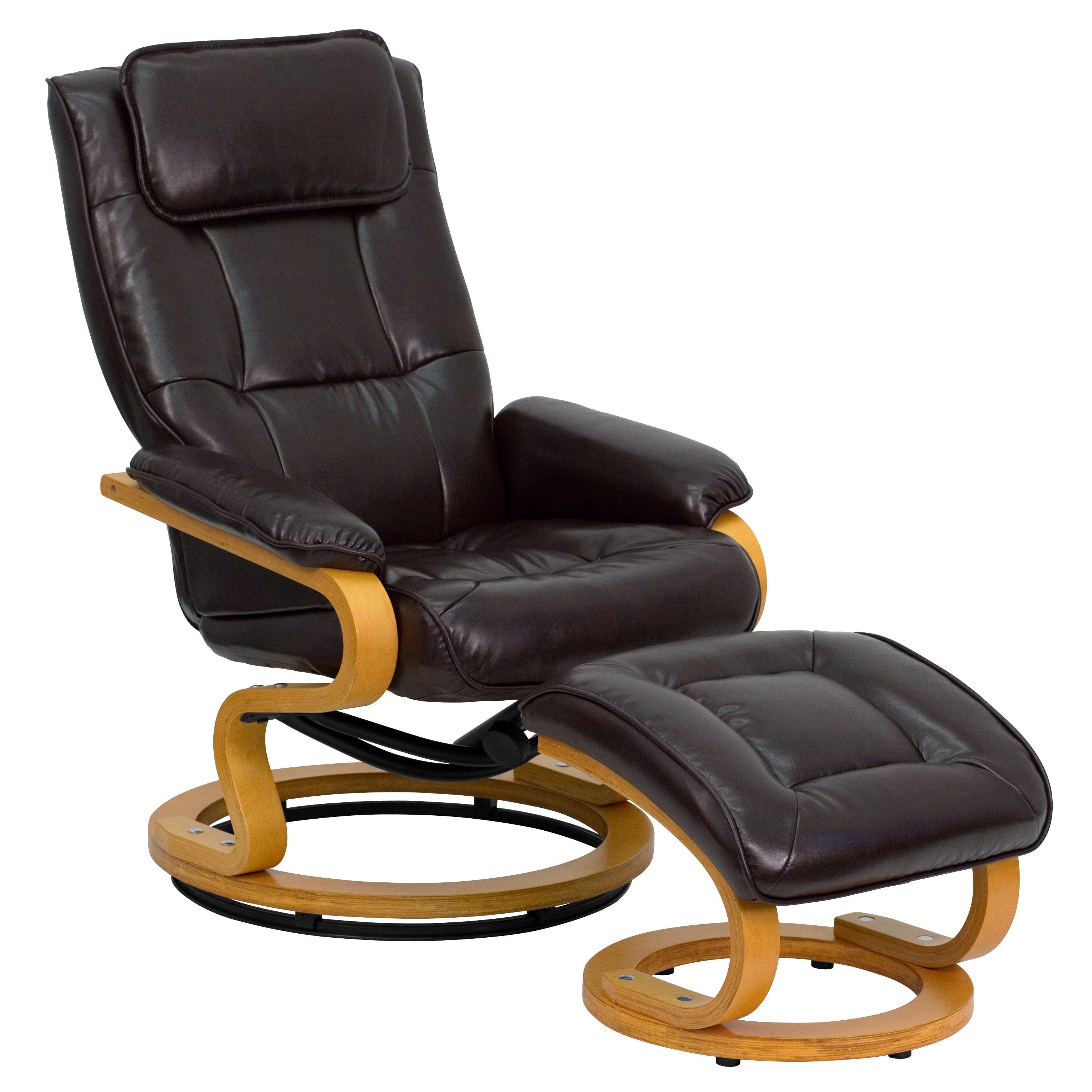 Brown Leather Swivel Recliner with Wood Frame