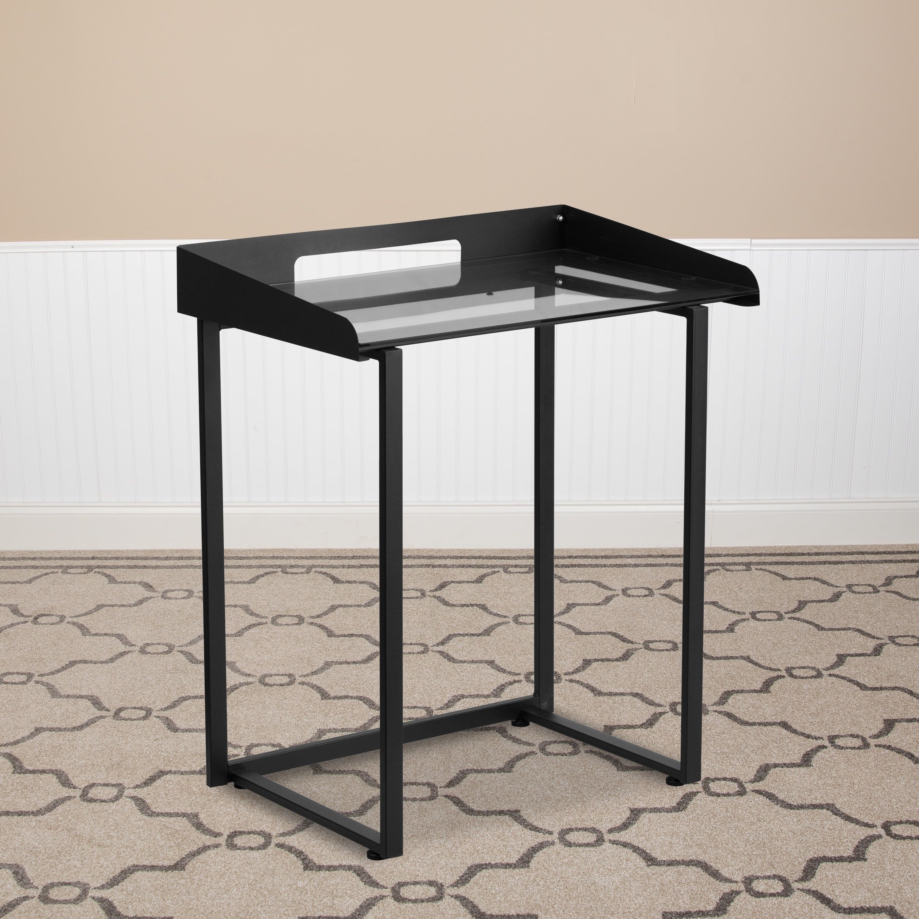 Sleek Clear Tempered Glass & Black Metal Foldable Desk with Drawer