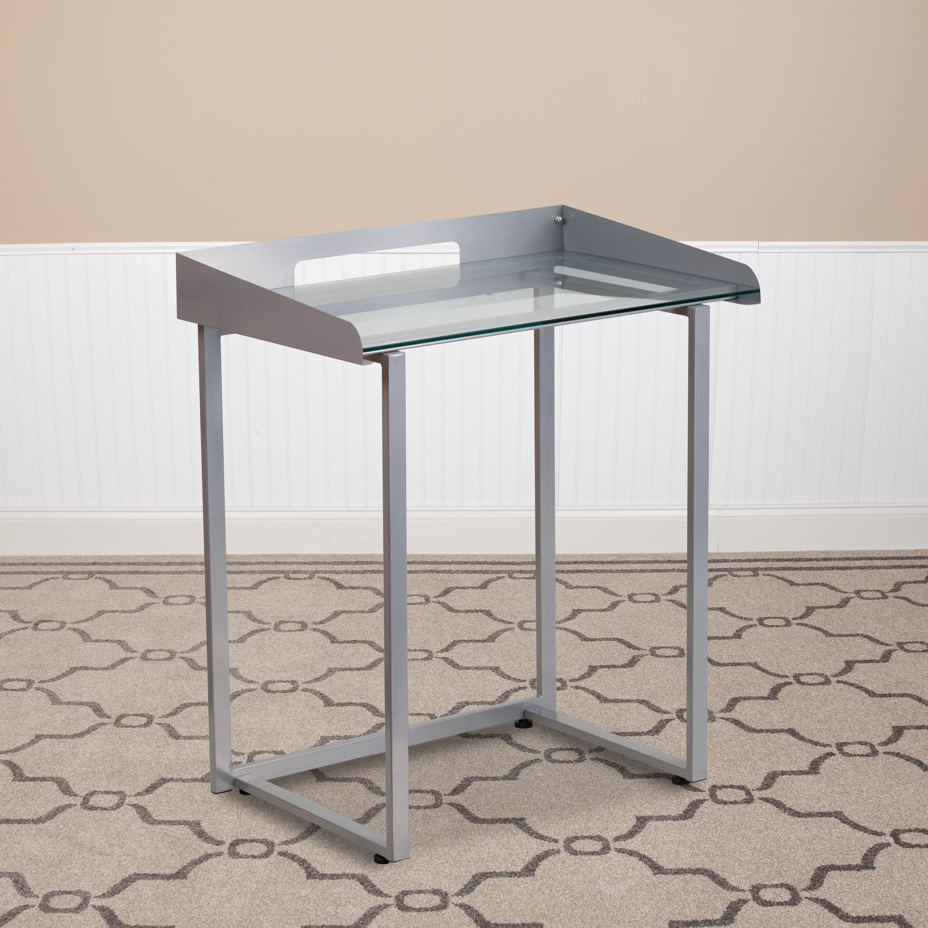 Compact Gray and Glass Writing Desk with Cable Management