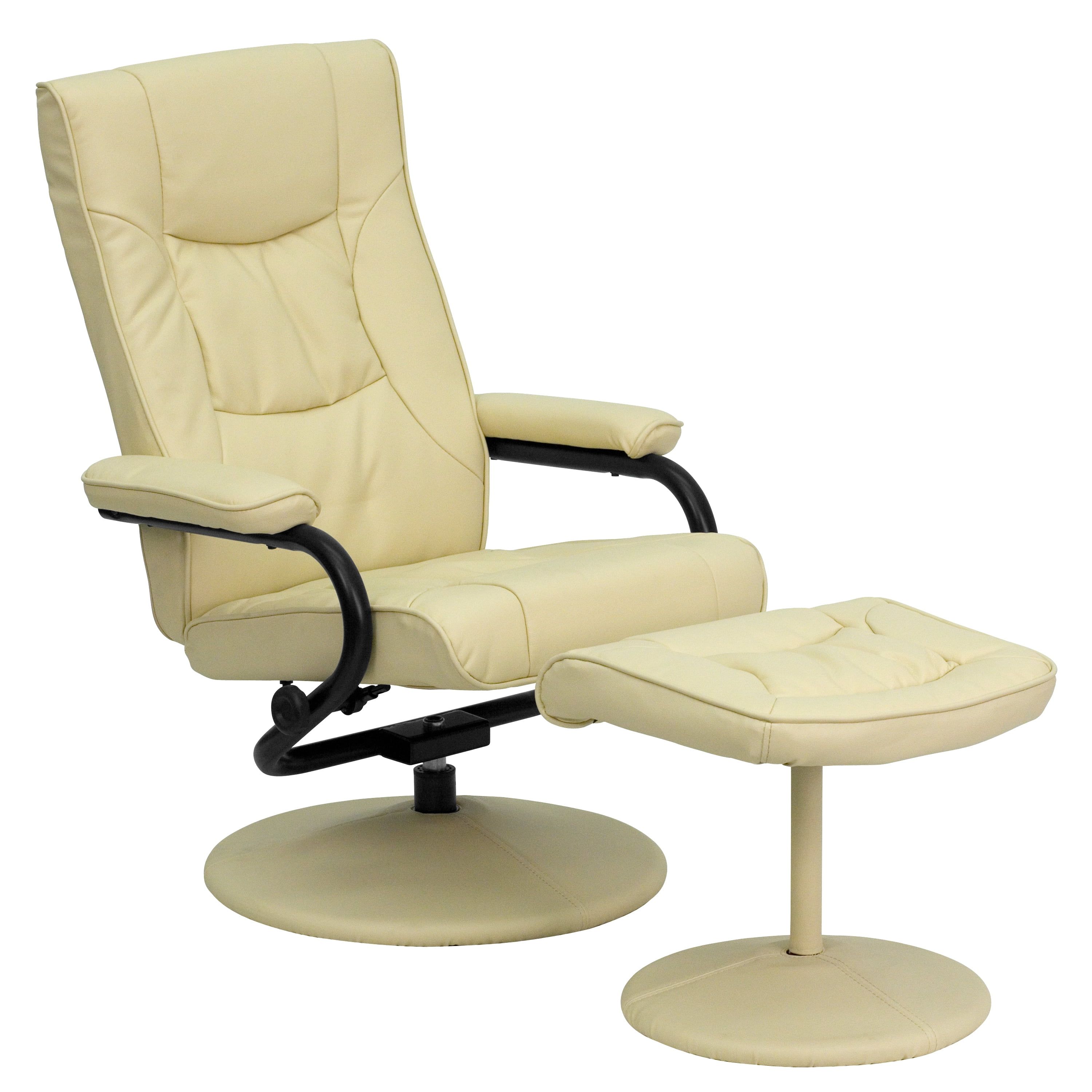 Cream Leather Swivel Recliner with Ottoman and Metal Base