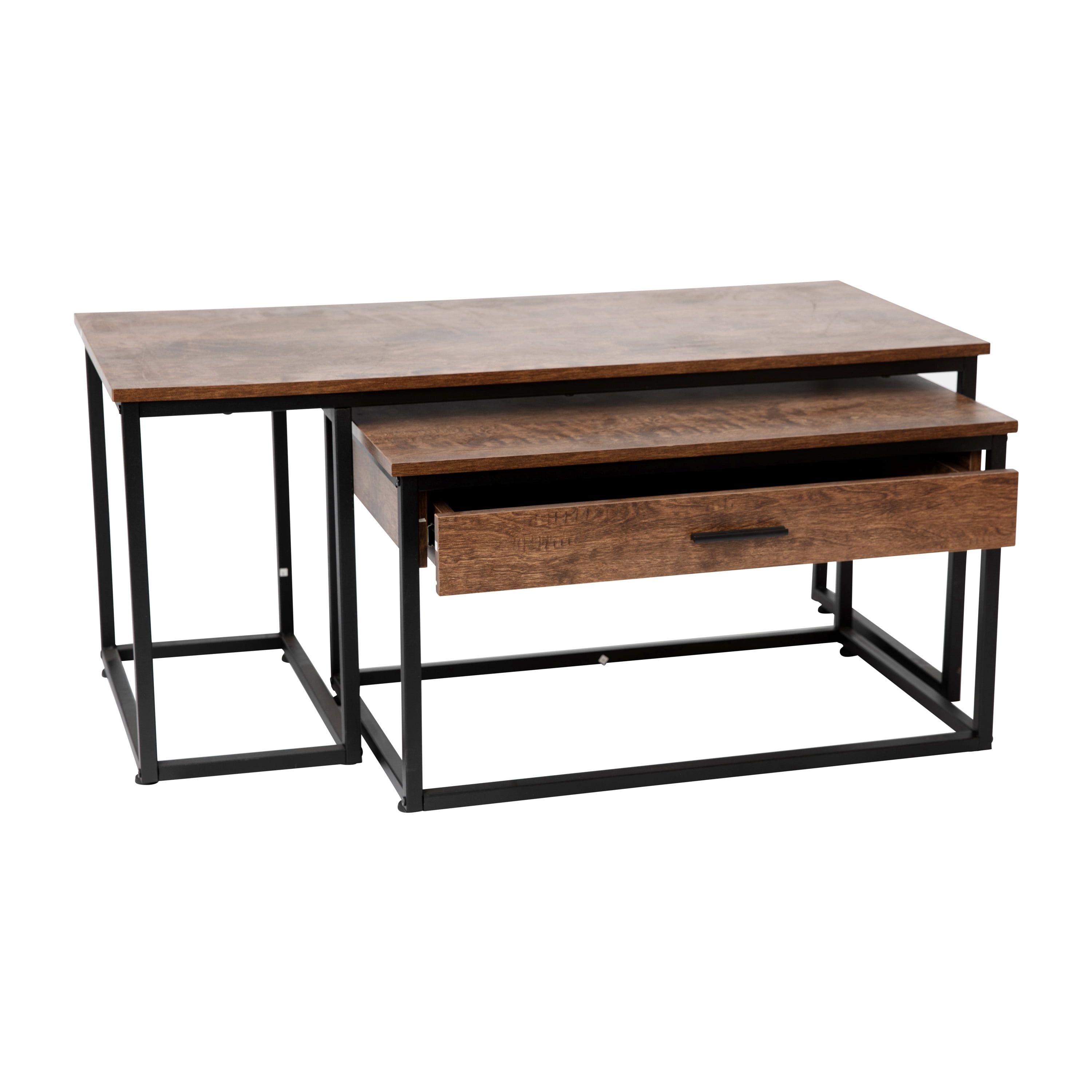 Walnut and Black Metal Rectangular Nesting Coffee Table Set with Storage