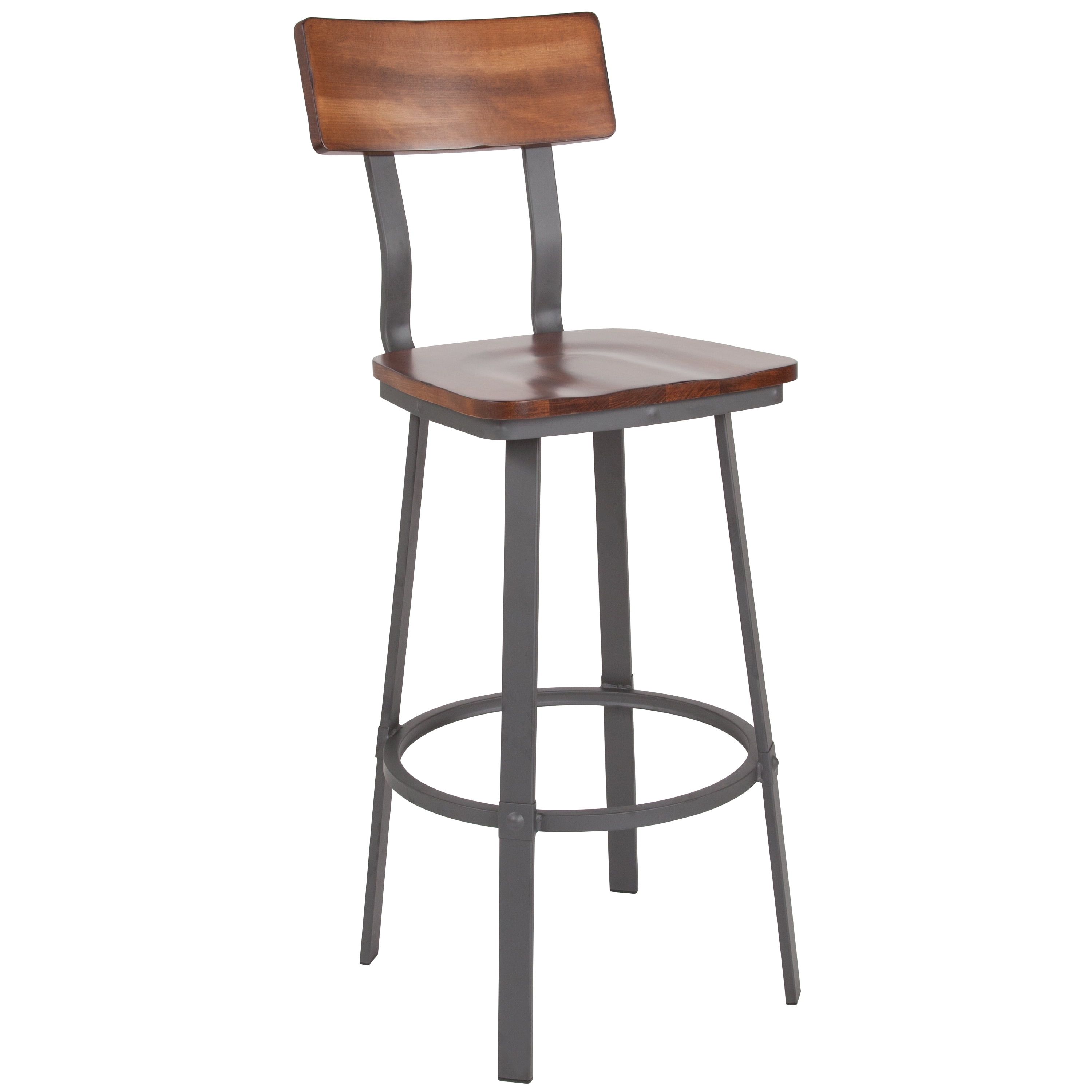 Rustic Walnut and Gray Metal Mid-Back Bar Stool