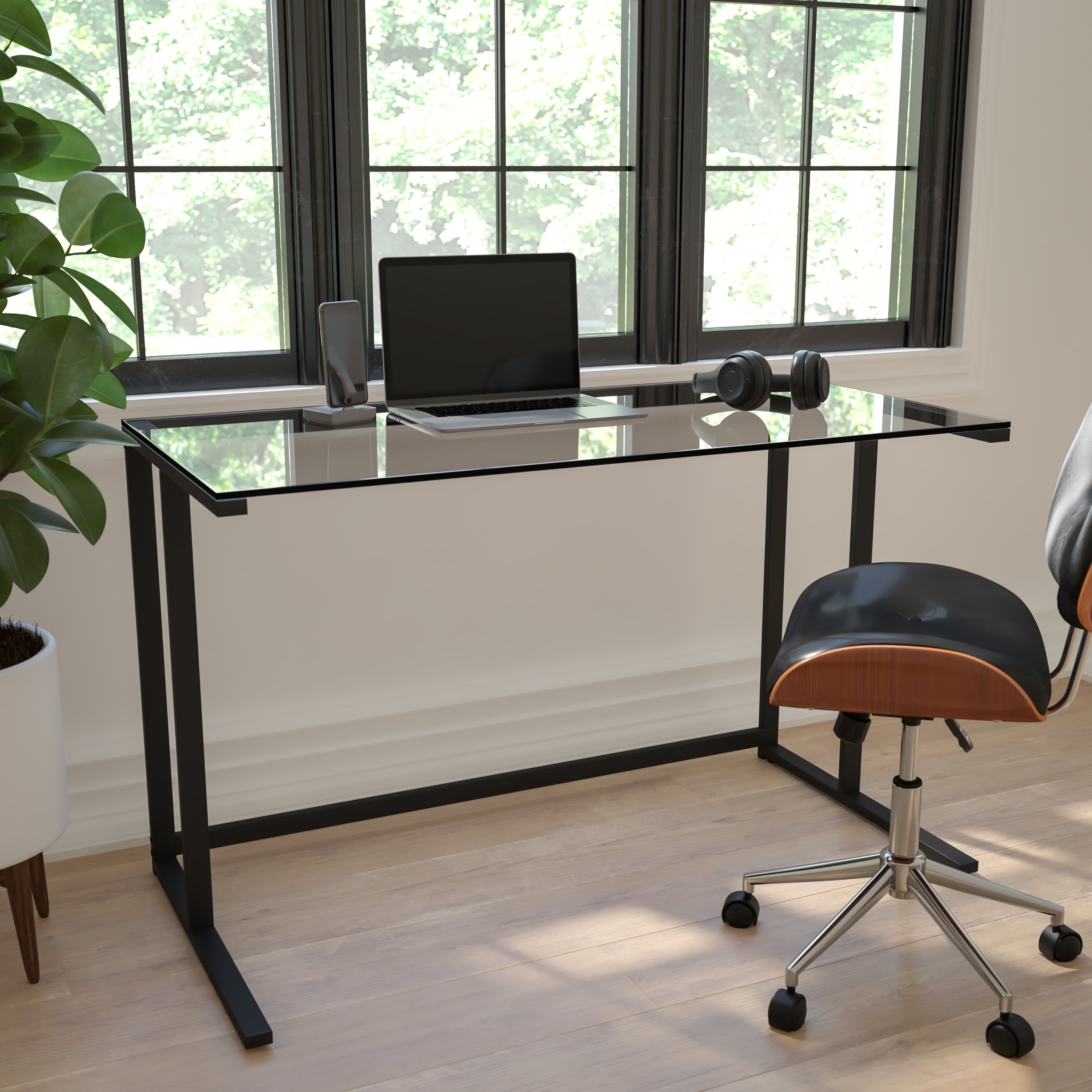 Executive Black Glass Desk with State-of-the-Art Pedestal Frame