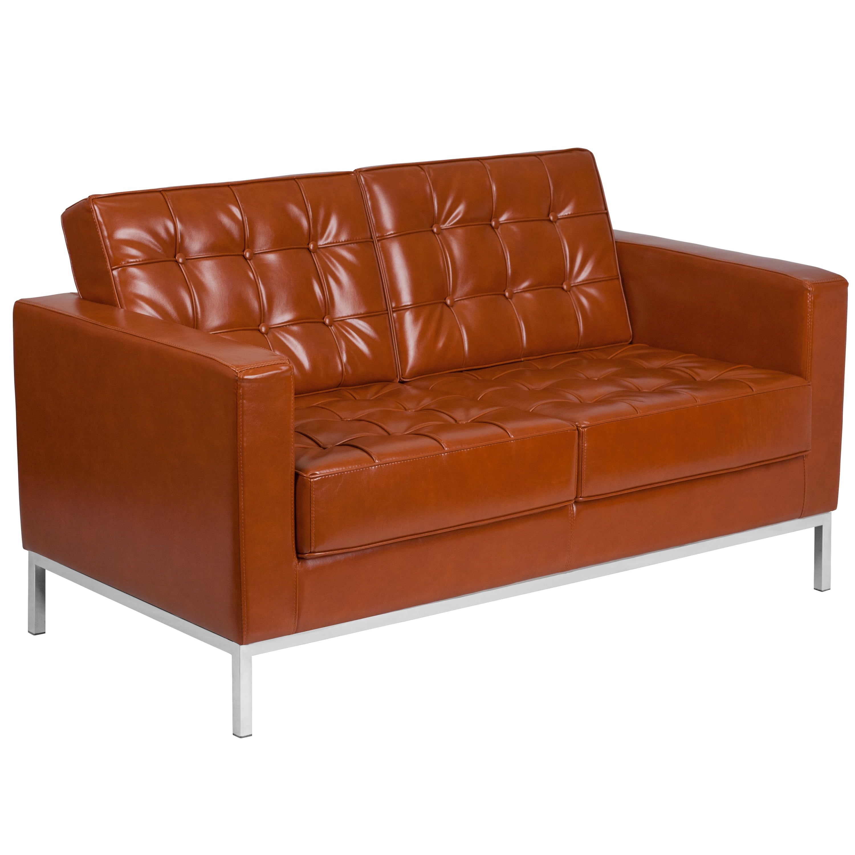 Cognac Faux Leather Tufted Loveseat with Stainless Steel Frame