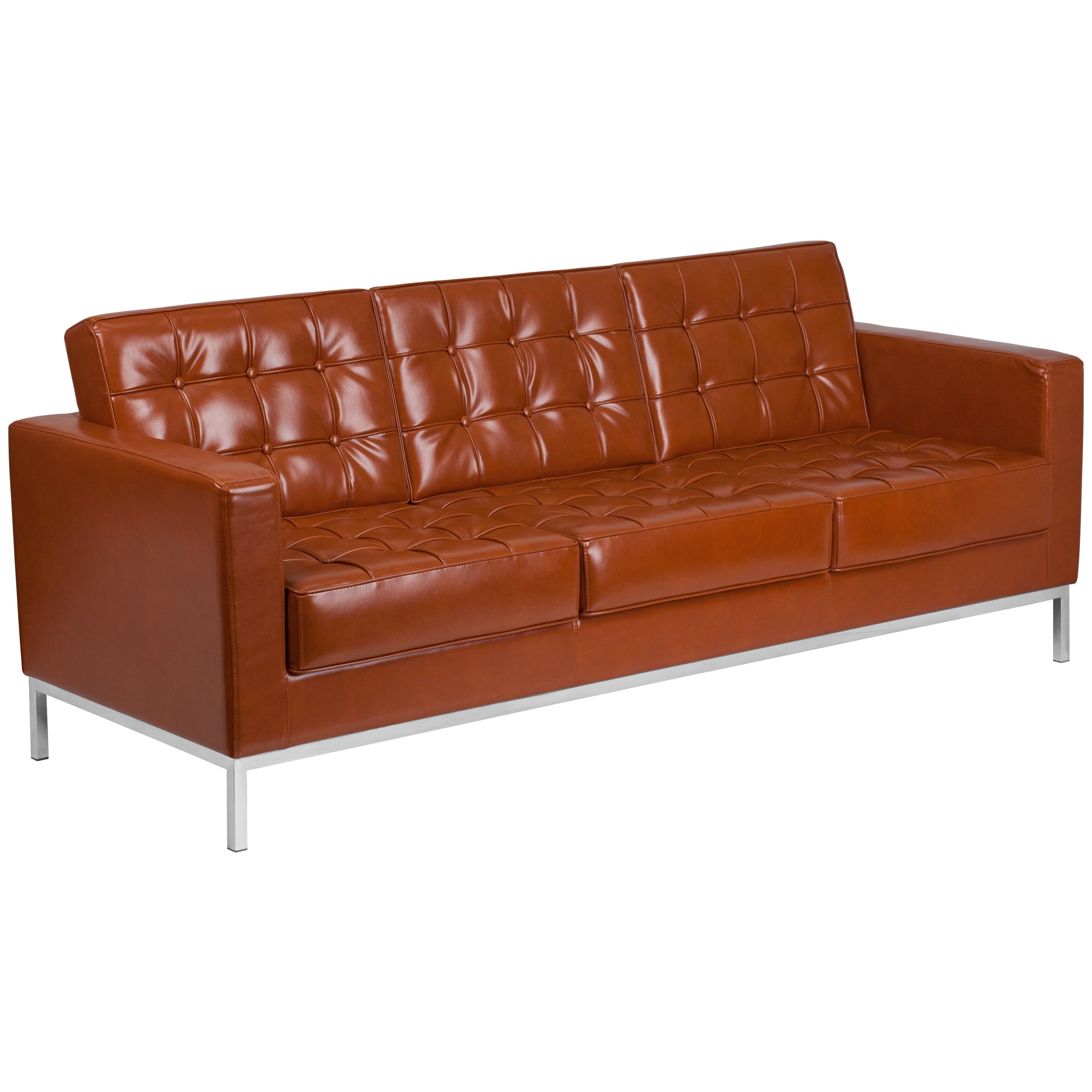 Cognac Leather Tufted Reception Sofa with Stainless Steel Frame