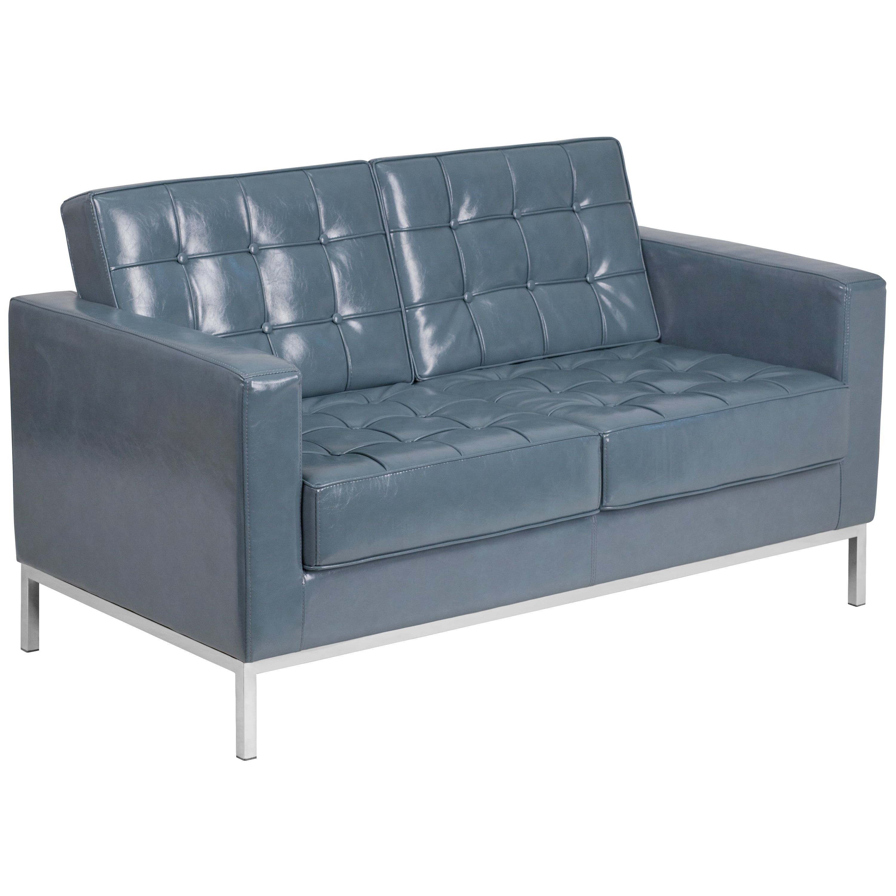 Gray Tufted Leather Reception Loveseat with Metal Frame