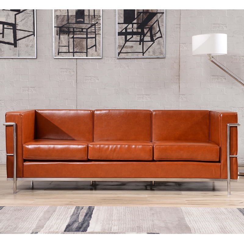 Cognac Faux Leather Sofa with Stainless Steel Frame and Removable Cushions