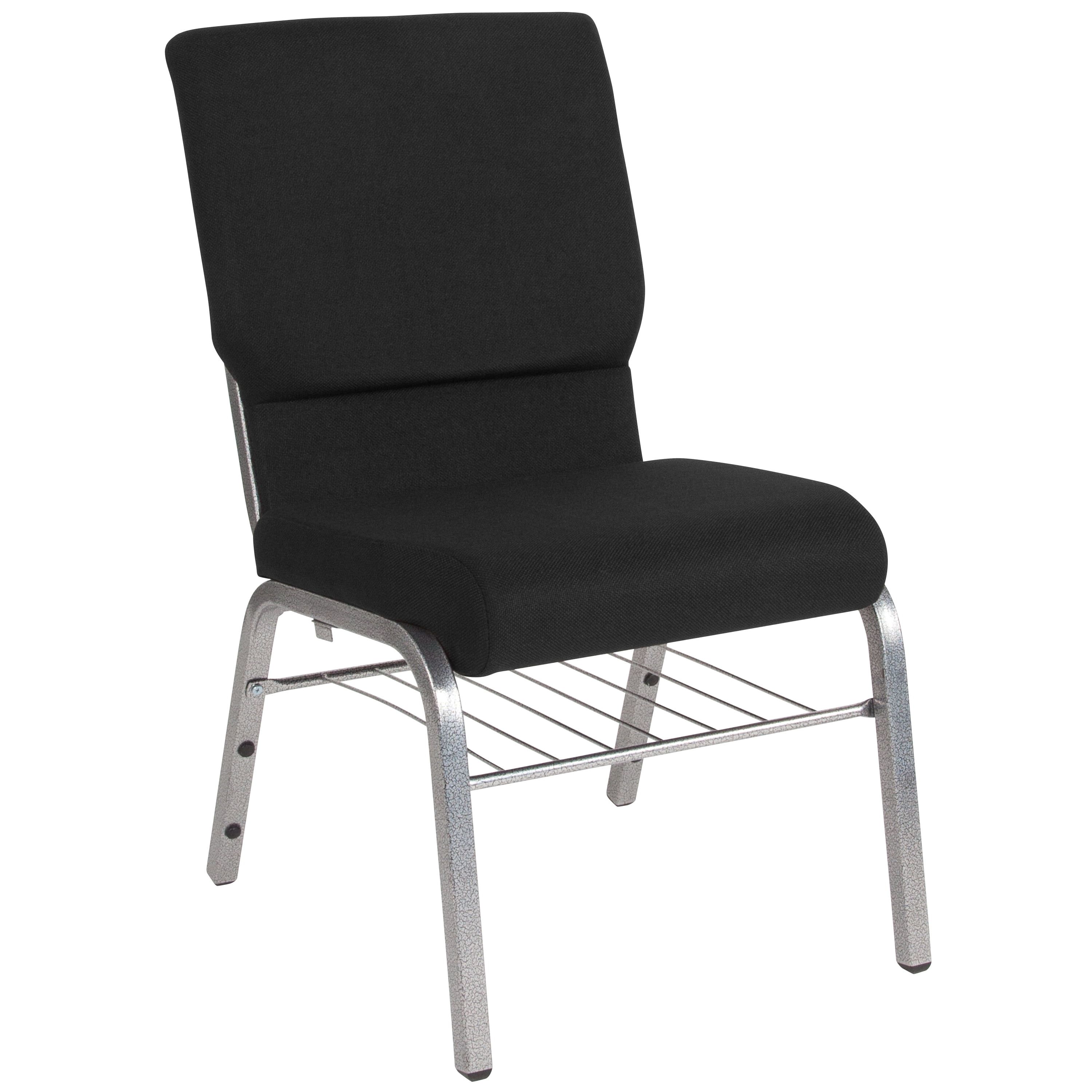 Elegant Black Fabric Stacking Chair with Silver Steel Frame and Book Rack