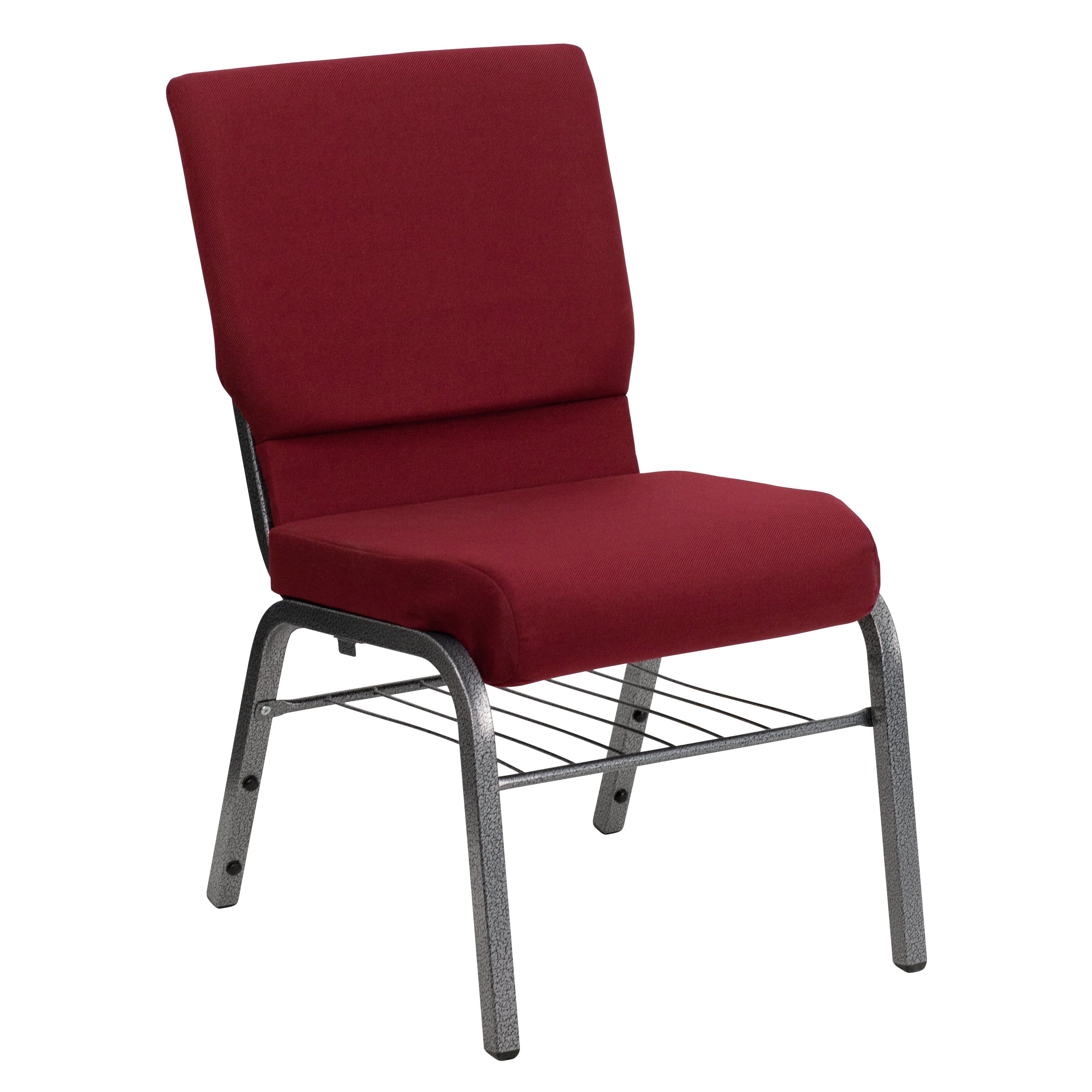 Elegant Burgundy Fabric Church Chair with Silver Steel Frame and Book Rack