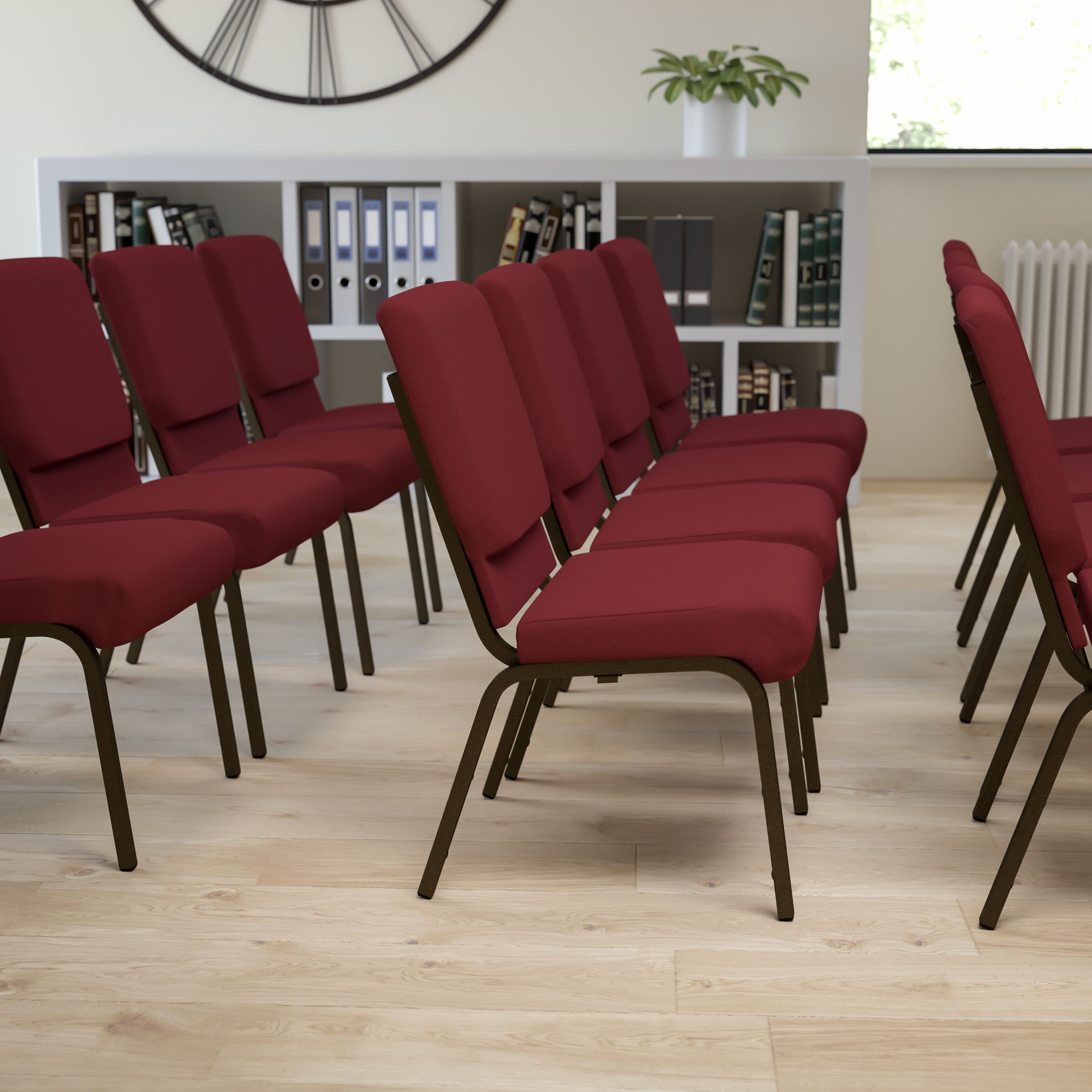 Elegant Burgundy Fabric Stacking Chair with Gold Vein Metal Frame