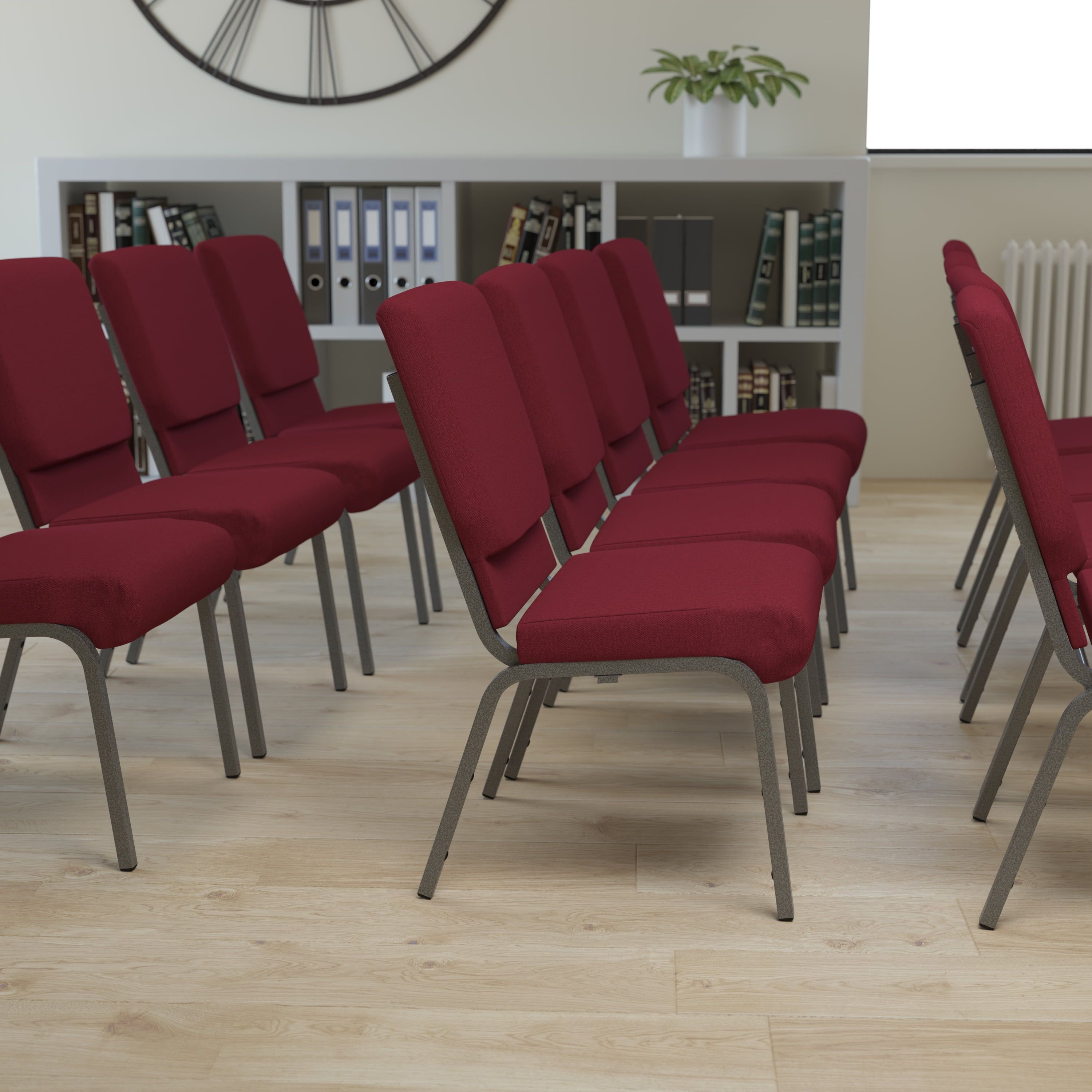 Burgundy Fabric Armless Stacking Chair with Silver Steel Frame