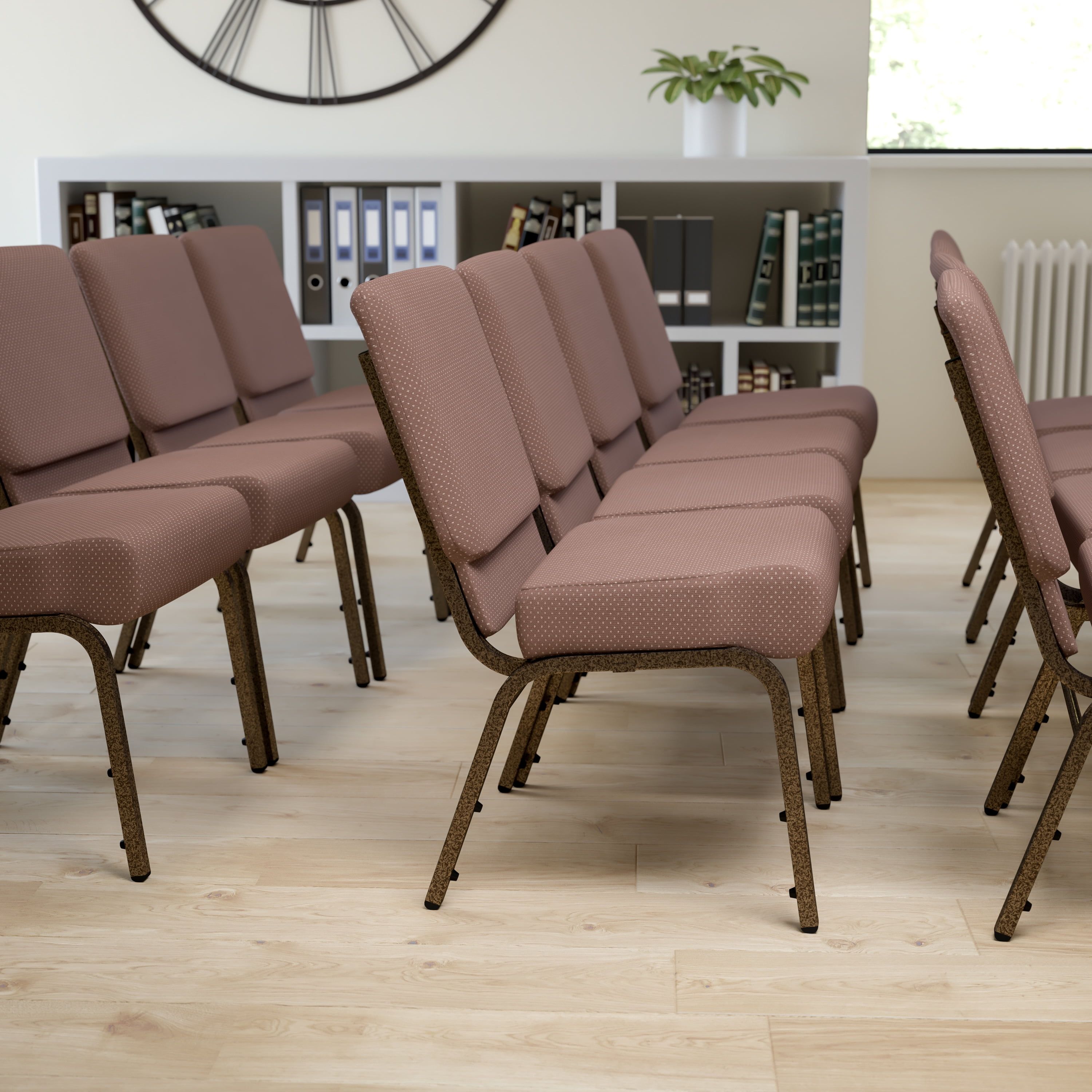 Elegant Brown Dot Fabric Stacking Chair with Gold Vein Metal Frame