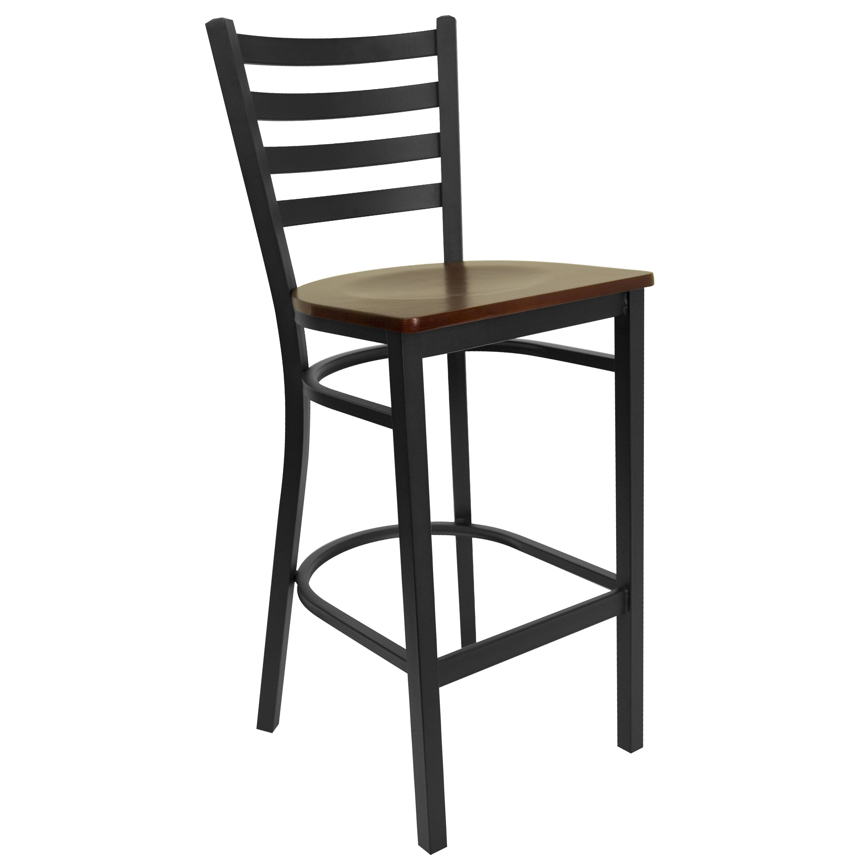 Elegant Black Metal Ladder Back Barstool with Mahogany Wood Seat