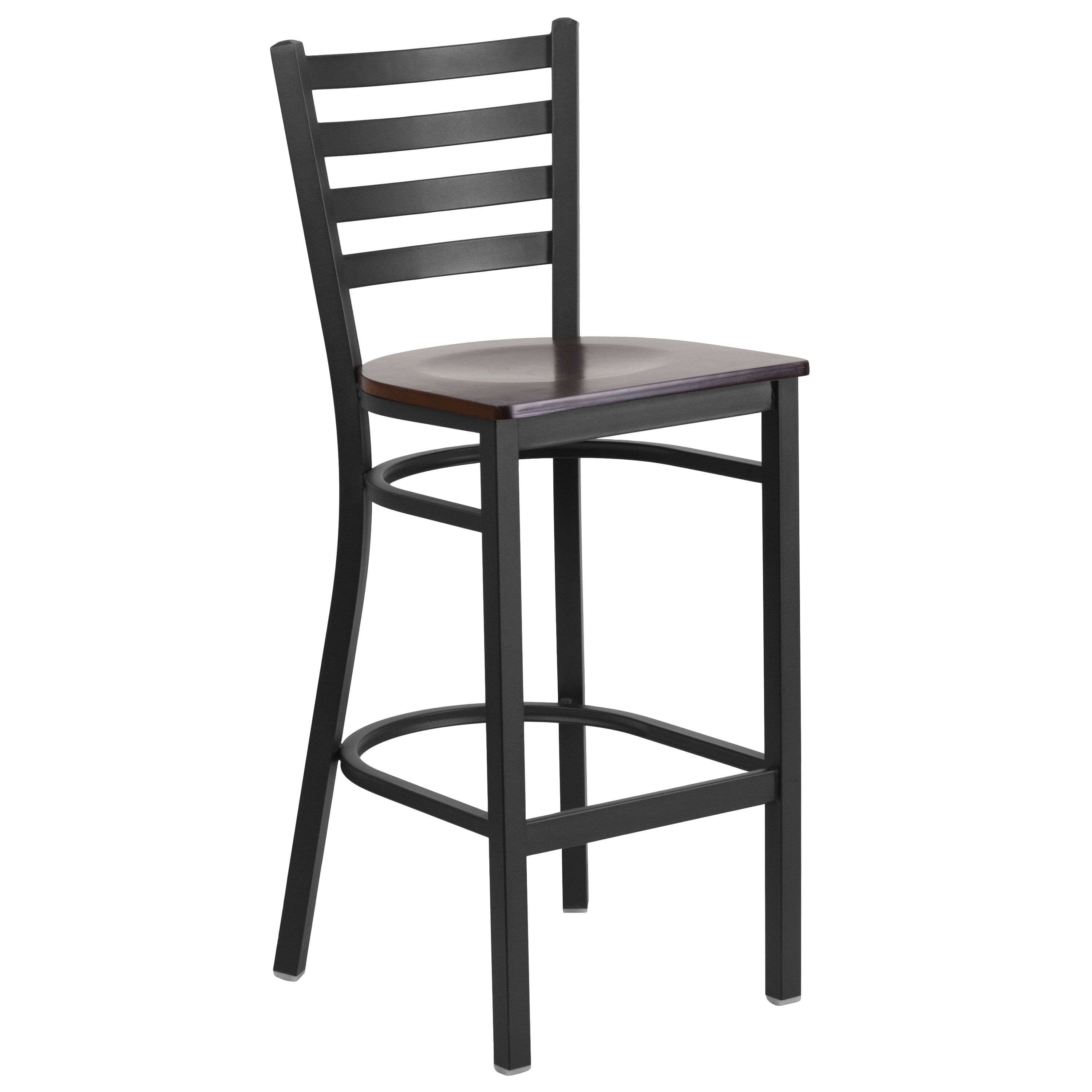 Walnut Wood and Black Metal Ladder Back Barstool