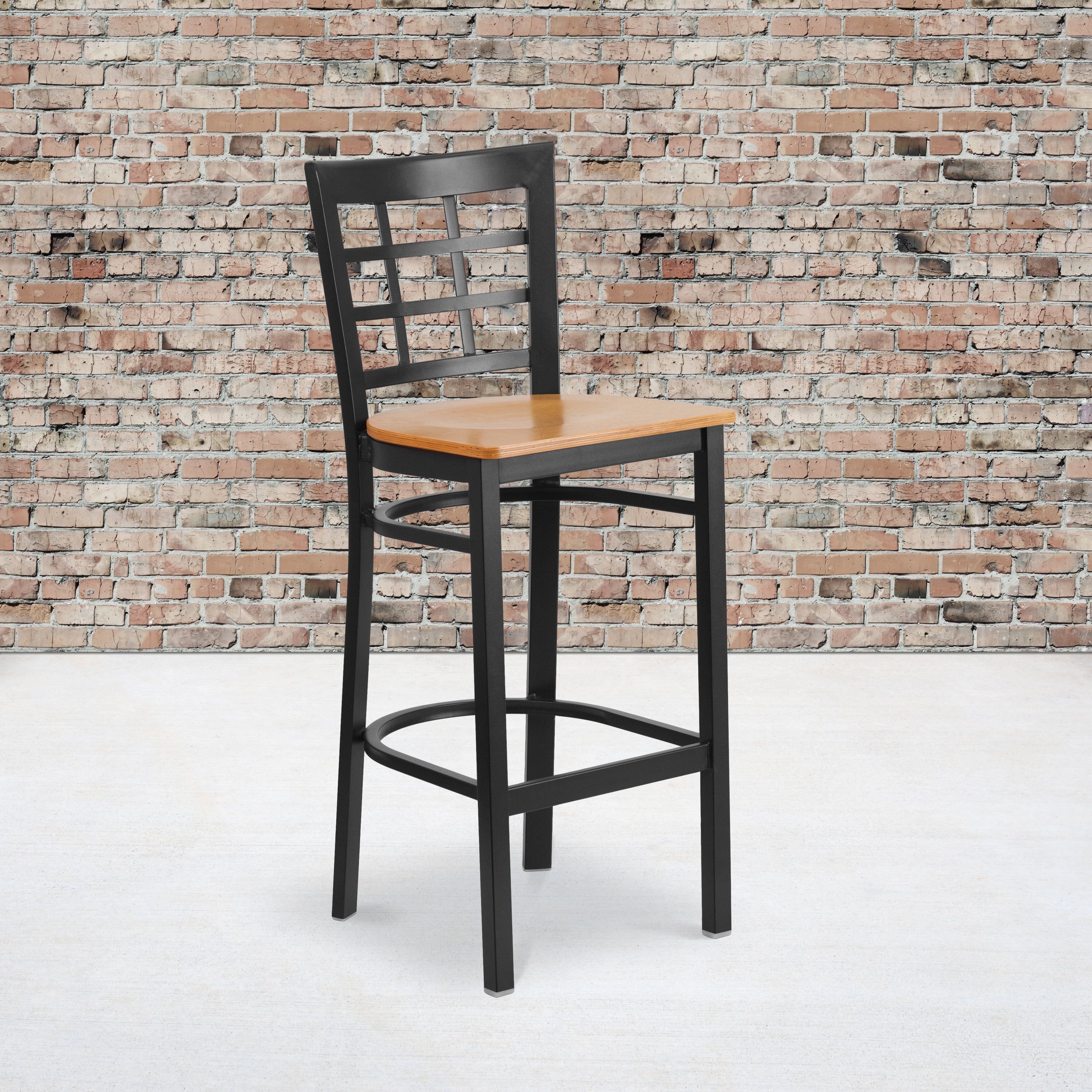 Black Metal Window Back Barstool with Natural Wood Seat