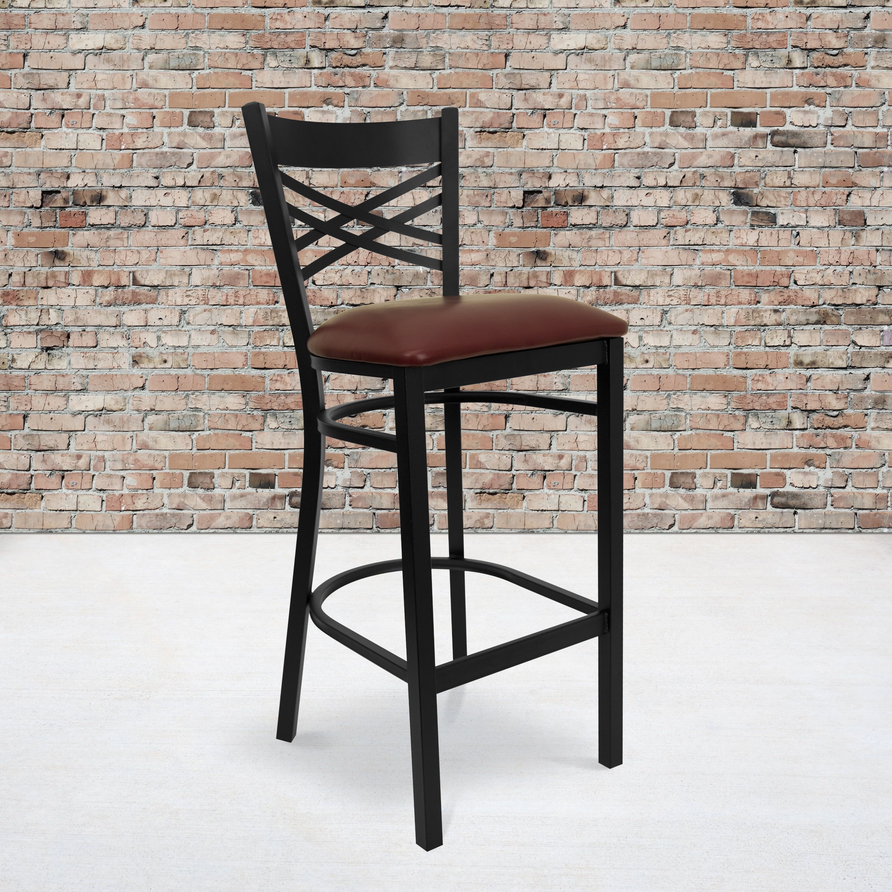 Cross-Back Black Metal Barstool with Burgundy Vinyl Seat