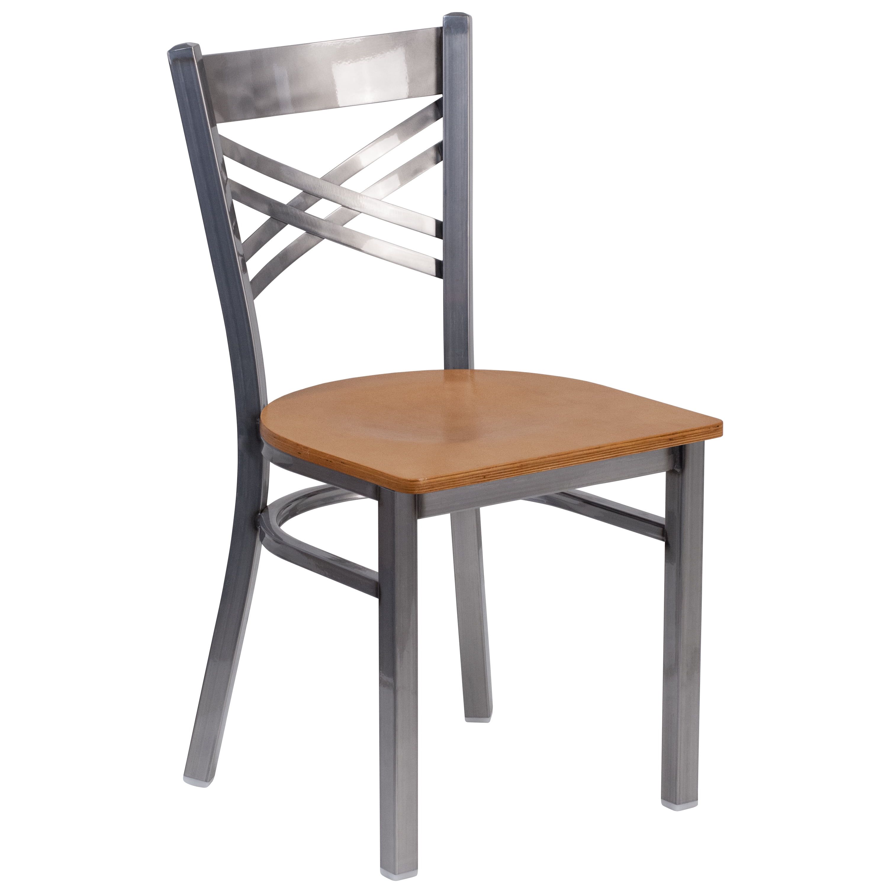 Black and Silver Cross Back Metal Side Chair with Wood Seat