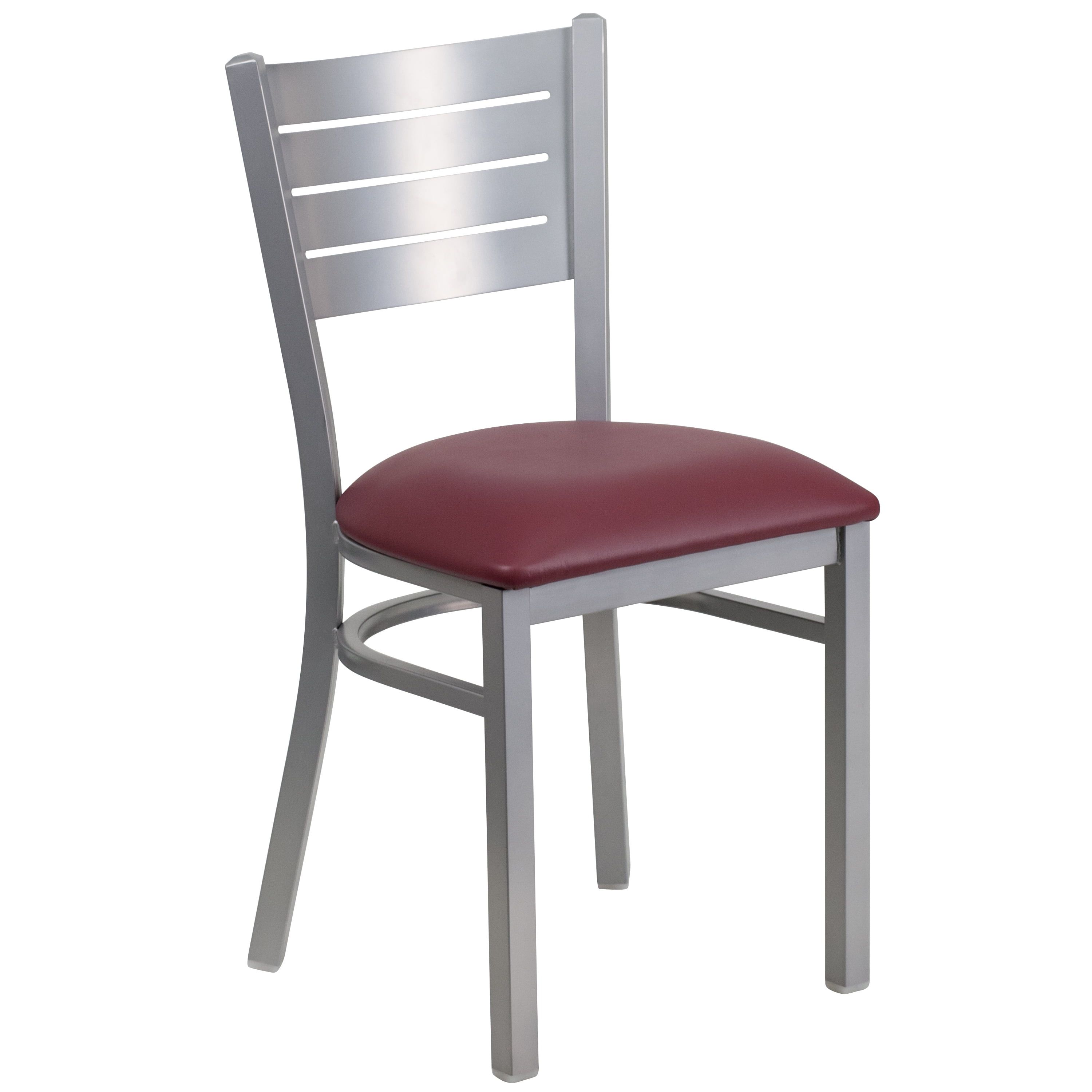 Elegant Burgundy Vinyl and Silver Steel Slat Back Side Chair