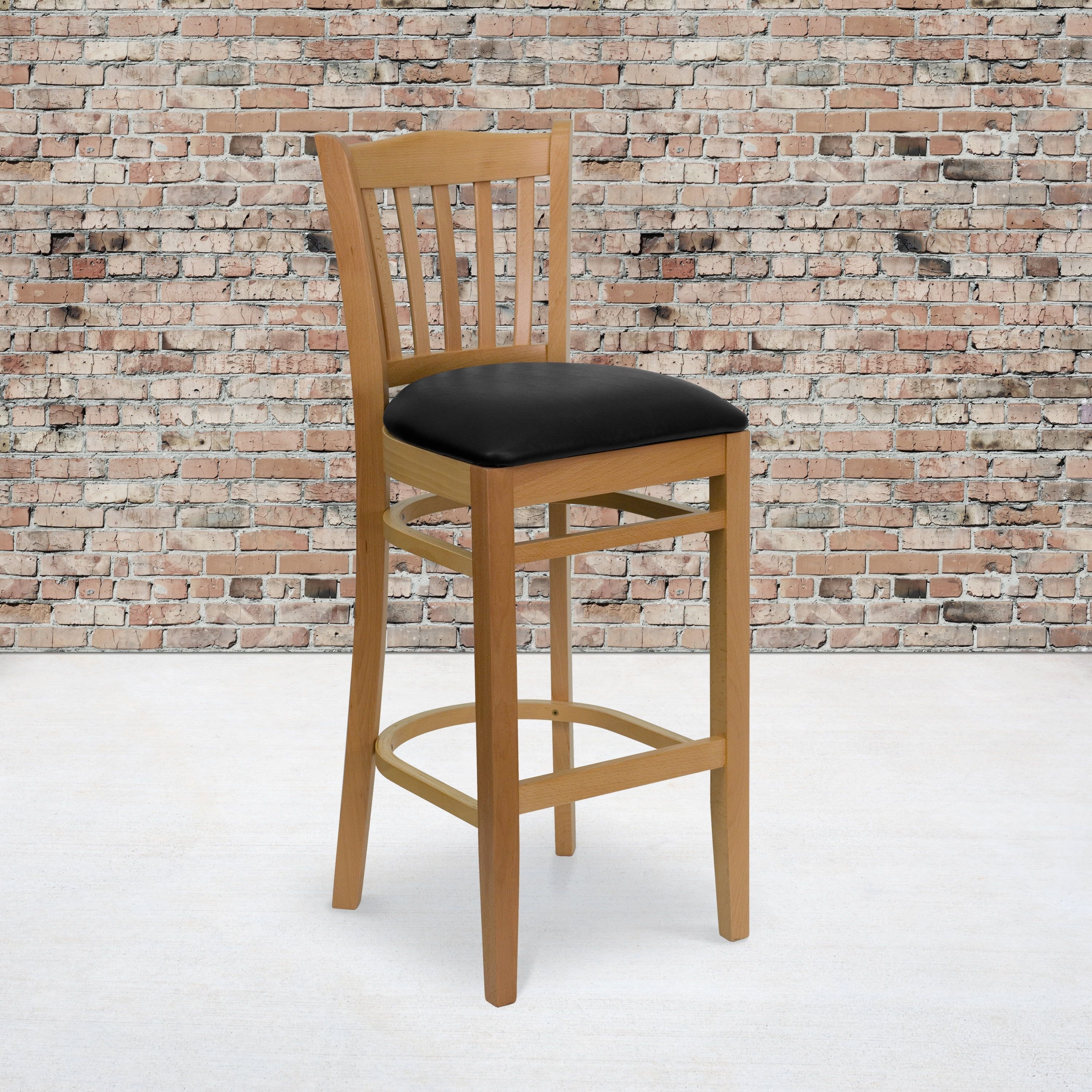 Natural Wood and Black Vinyl Slat Back Barstool