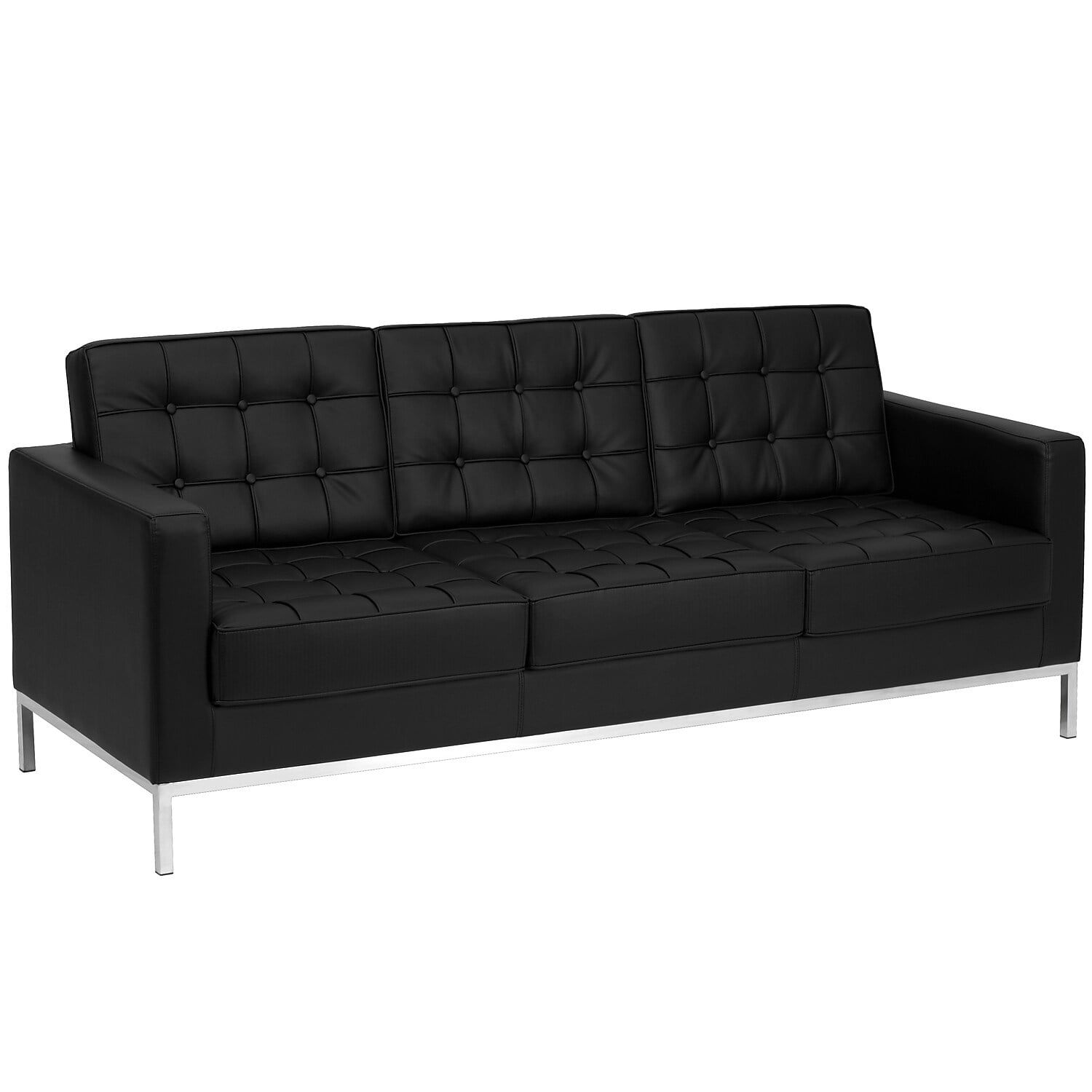 Modern Black Faux Leather Tufted Reception Sofa with Metal Frame