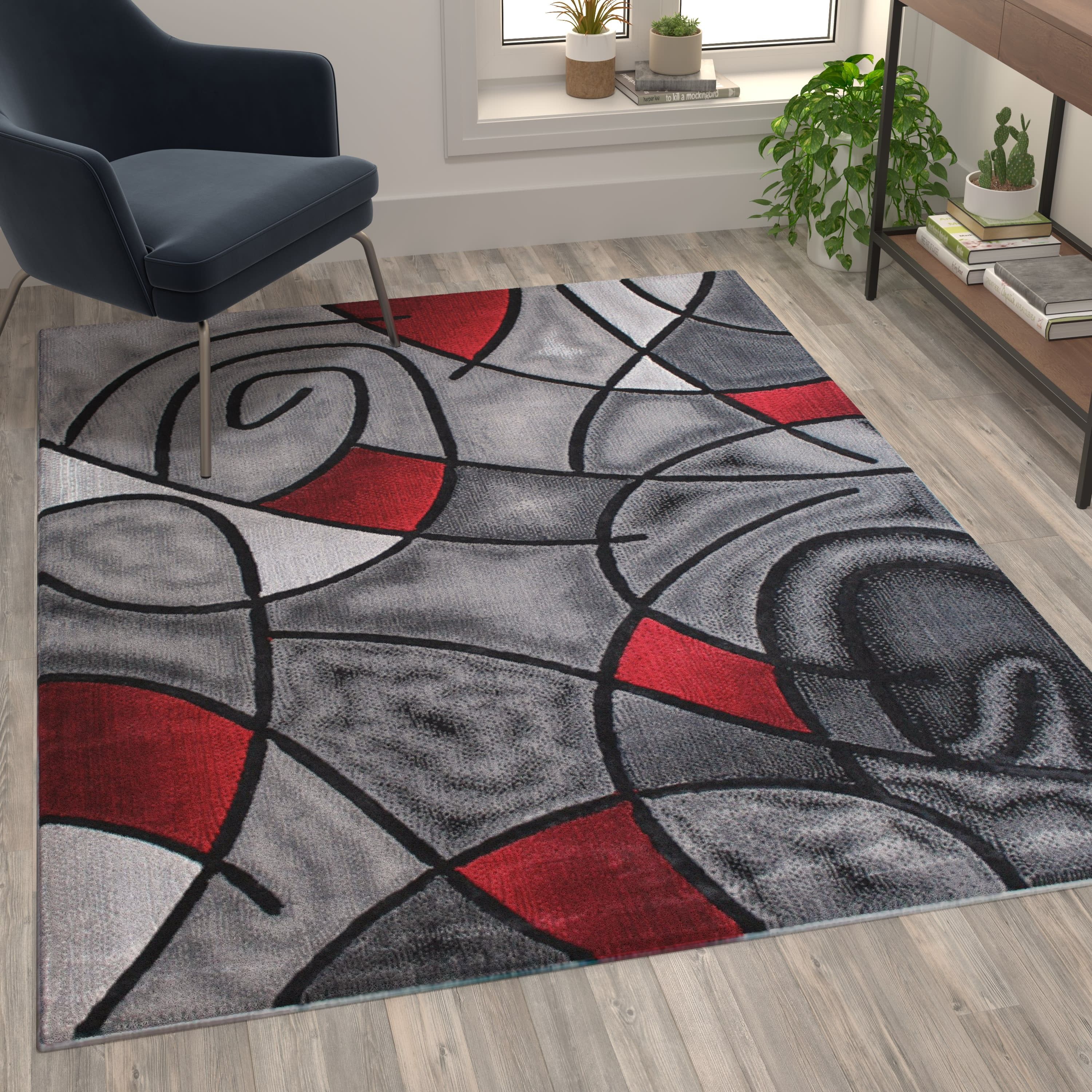 Reversible Abstract Red Synthetic Rug, 5' x 7', Stain-Resistant