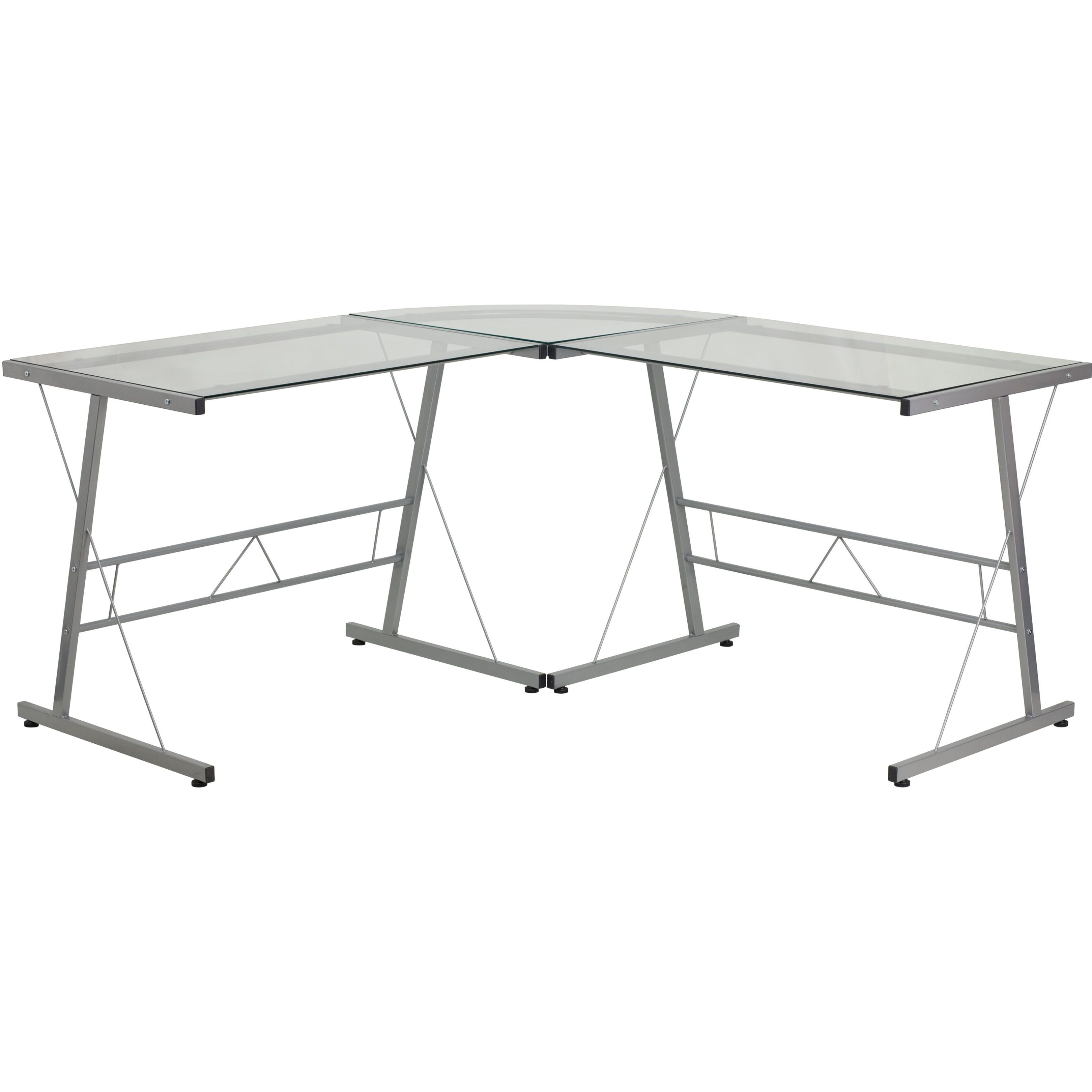 Sleek Silver Metal Frame L-Shaped Corner Desk with Clear Glass Top