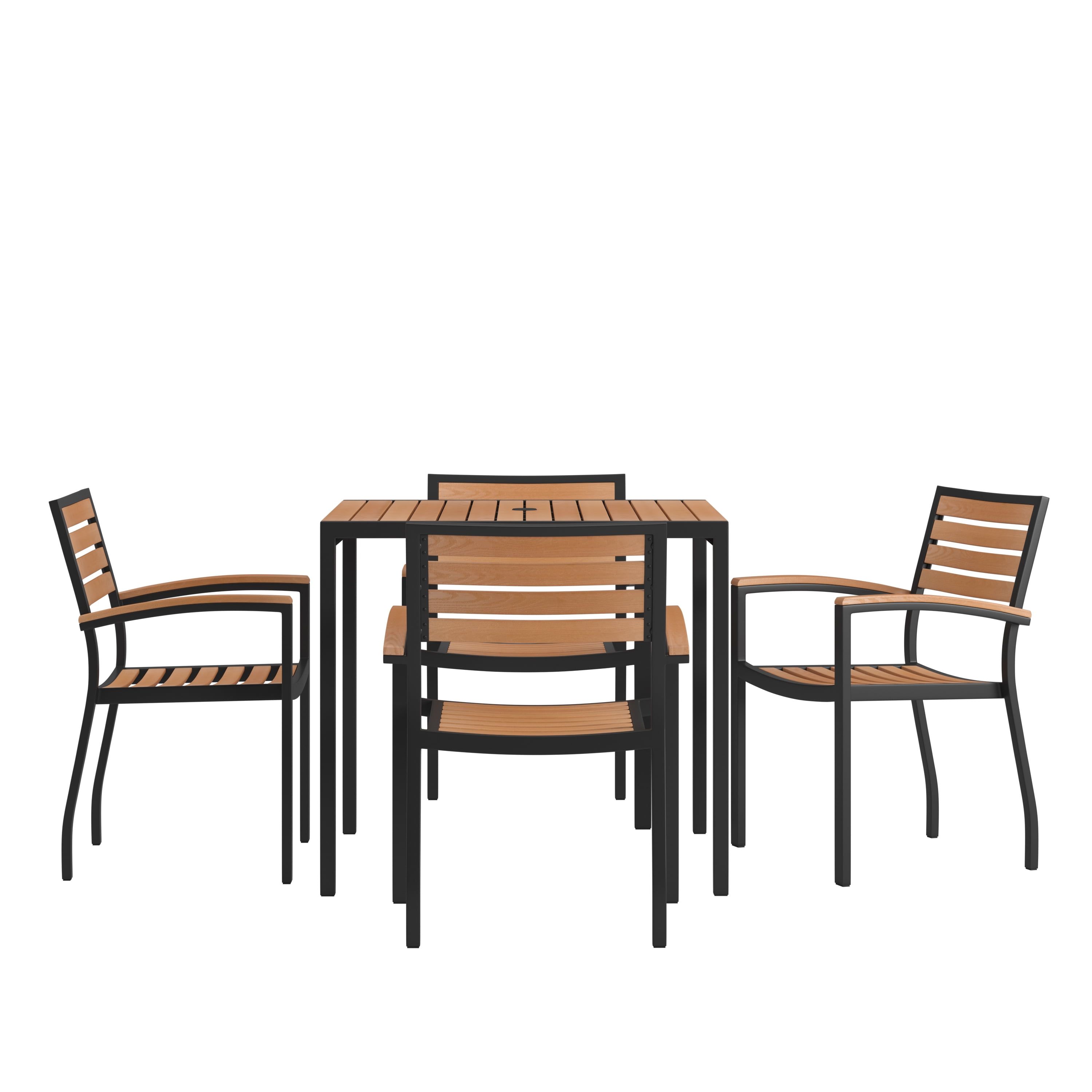 Teak and Black Metal 5-Piece Square Outdoor Dining Set