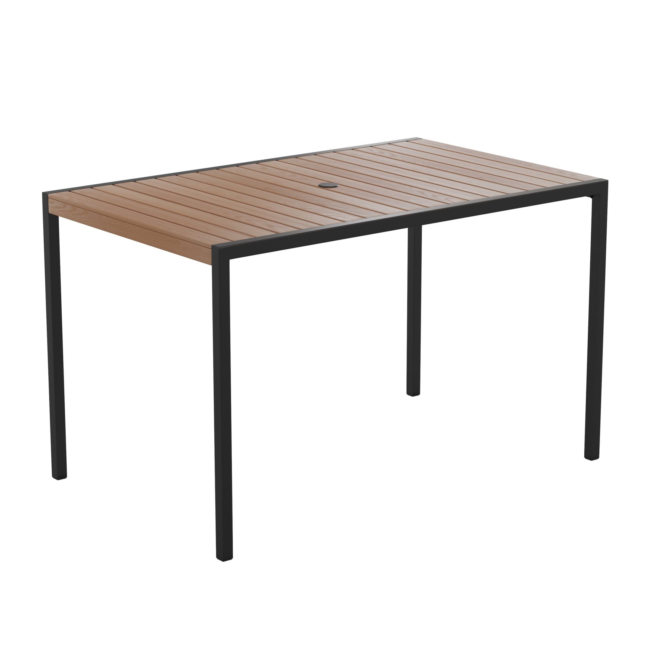 Rectangular Black Steel Dining Table with Faux Teak Slats