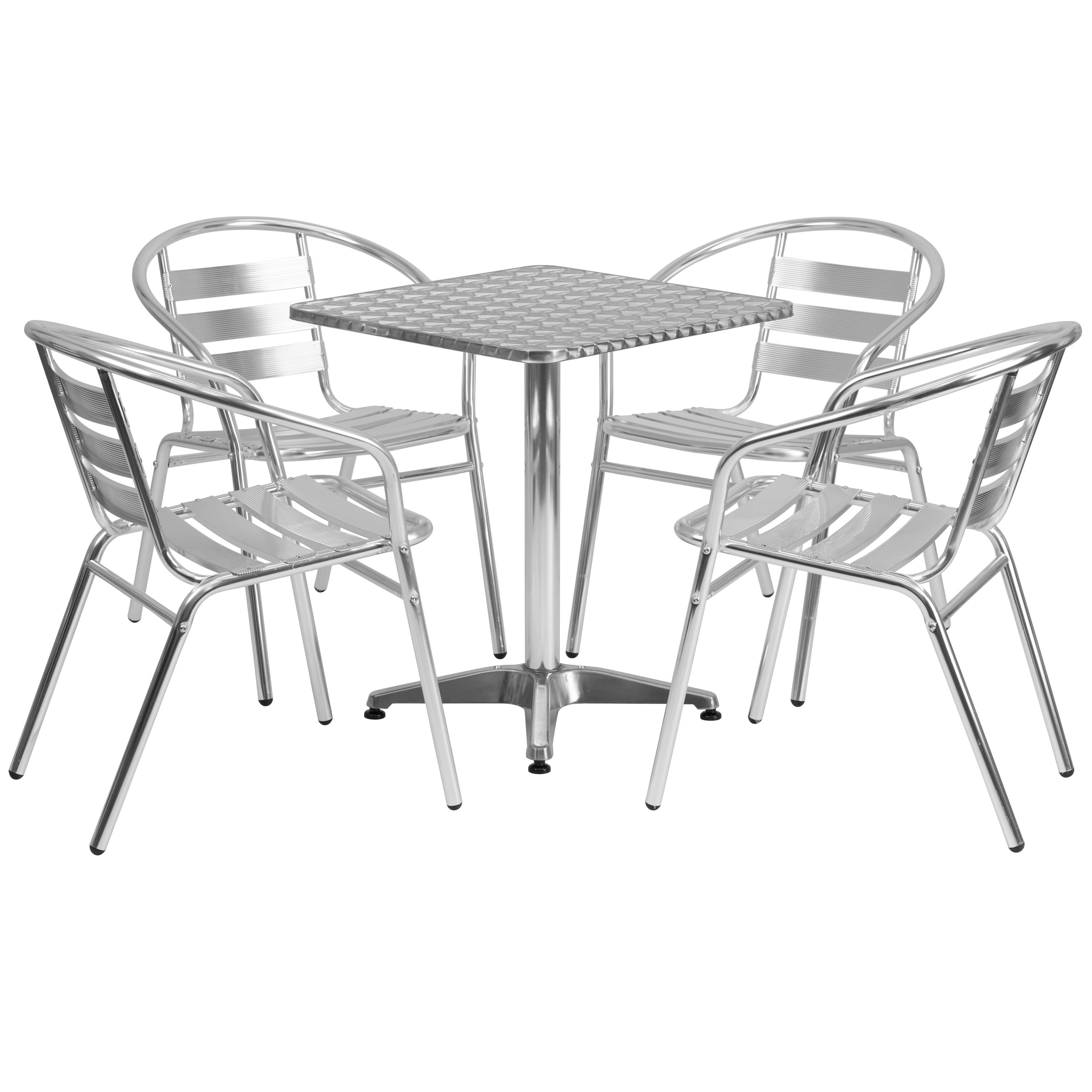 23.5'' Silver Stainless Steel Square Dining Table Set with 4 Aluminum Chairs