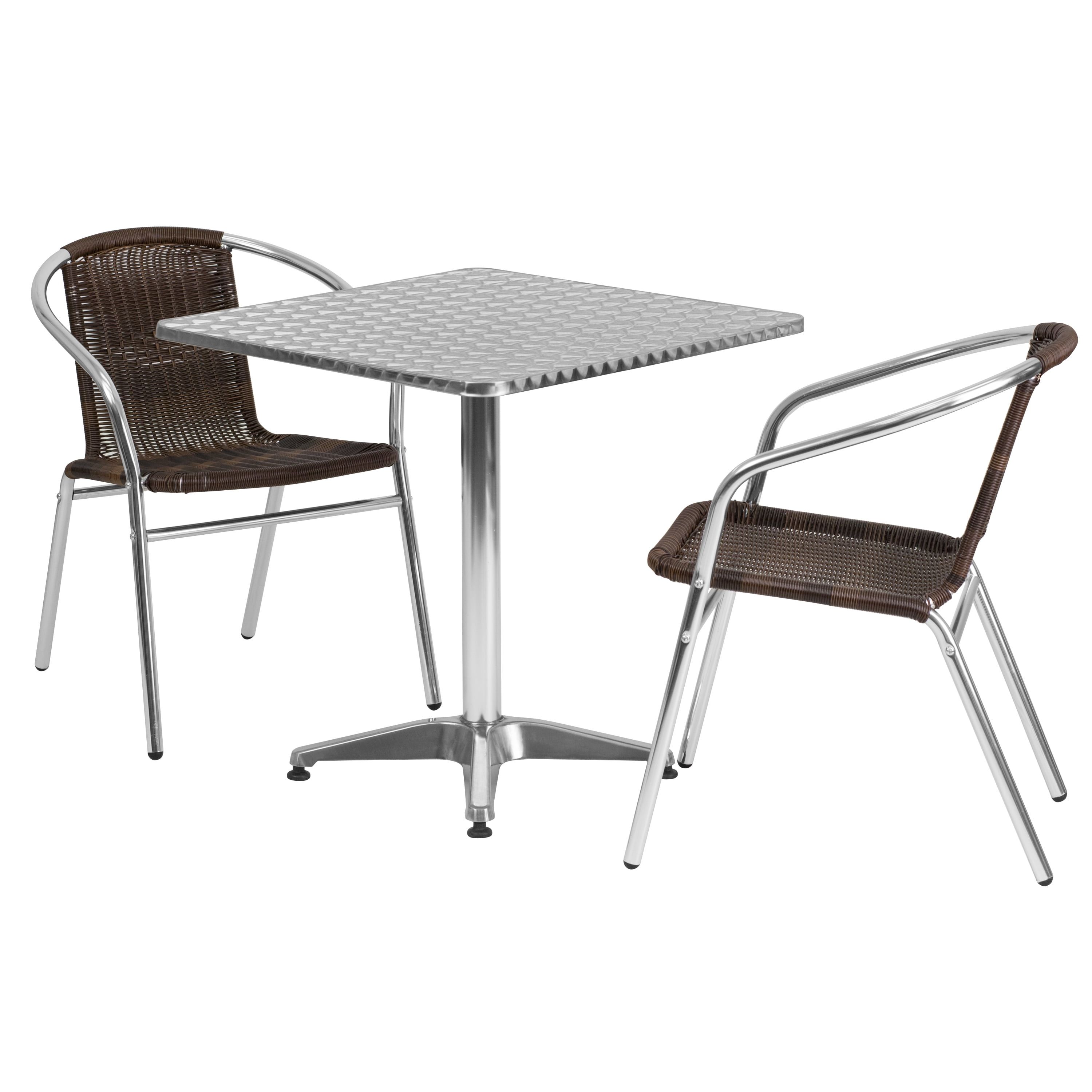 27.5'' Square Silver Stainless Steel Table Set with Dark Brown Rattan Chairs