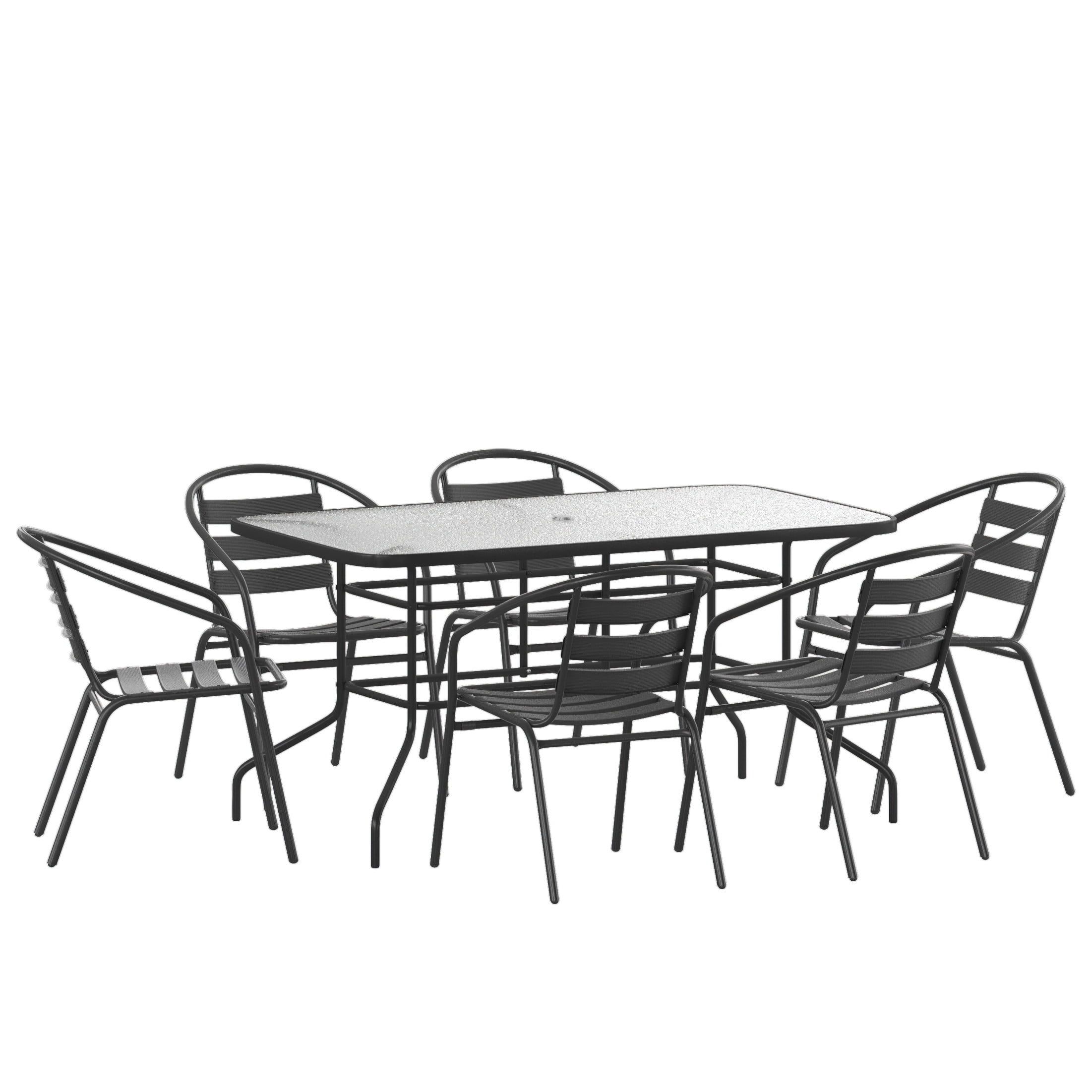 Black Metal and Glass 6-Person Outdoor Dining Set