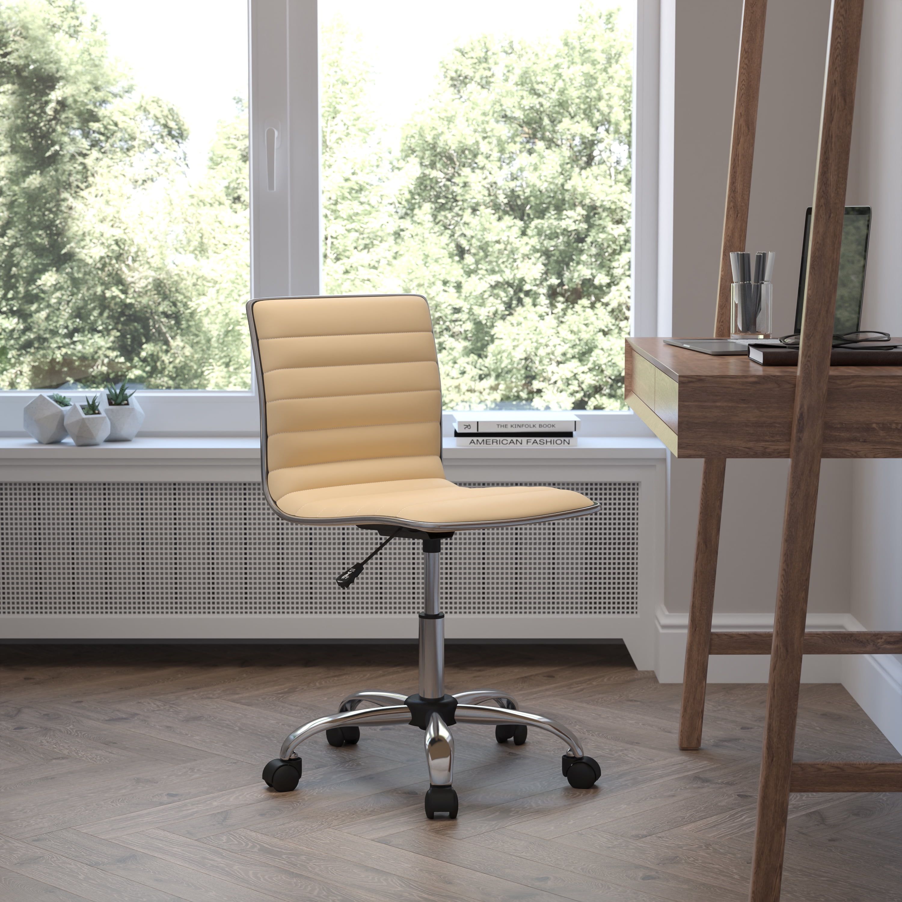 ErgoSwivel Tan Vinyl and Chrome Metal Armless Task Chair