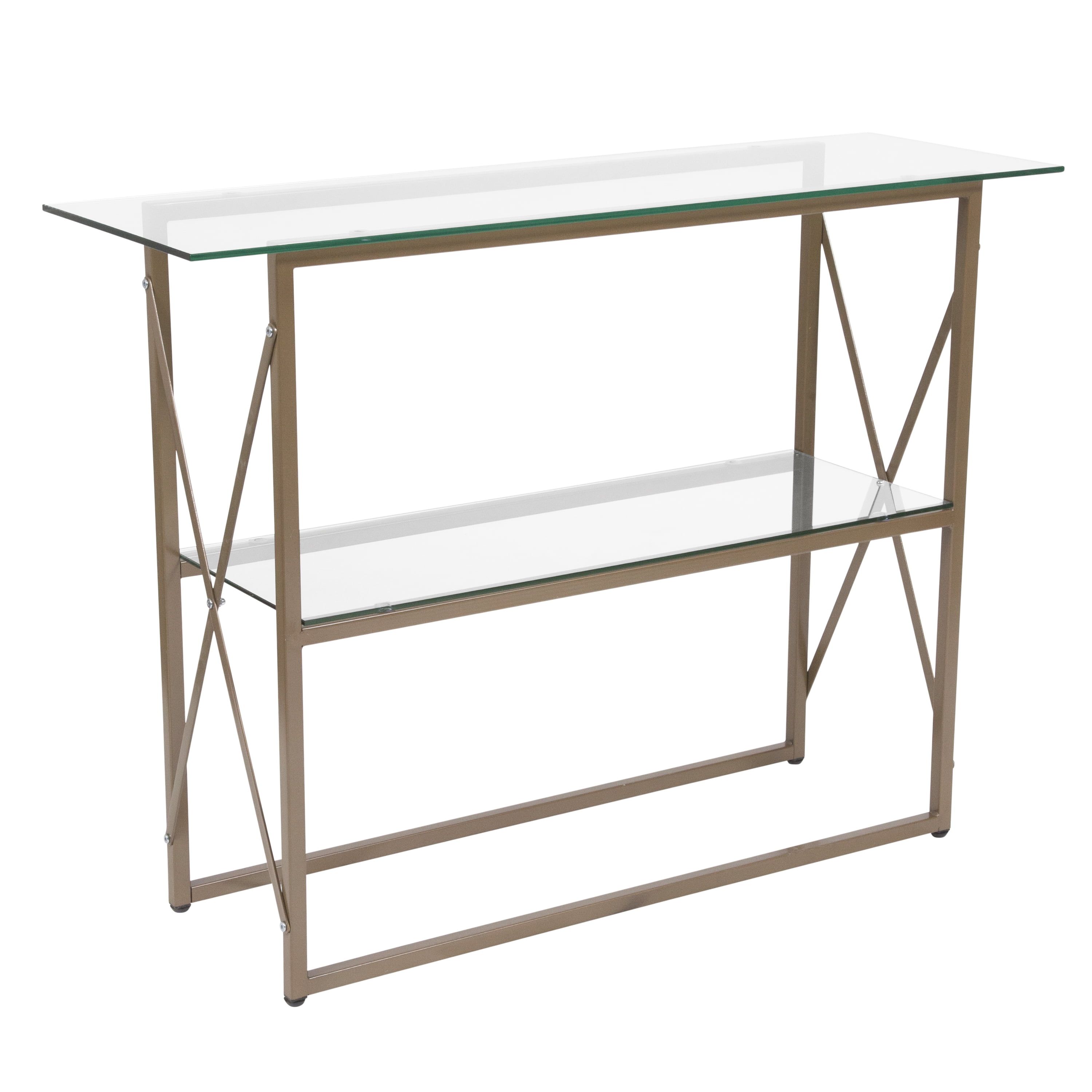 Matte Gold Metal & Clear Glass Console Table with UnderShelf