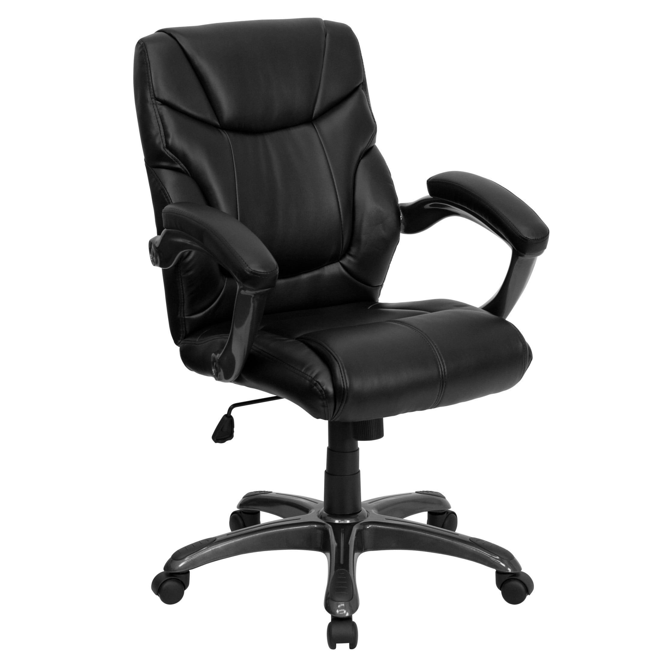 Mid-Back Black Leather Executive Swivel Office Chair with Fixed Arms