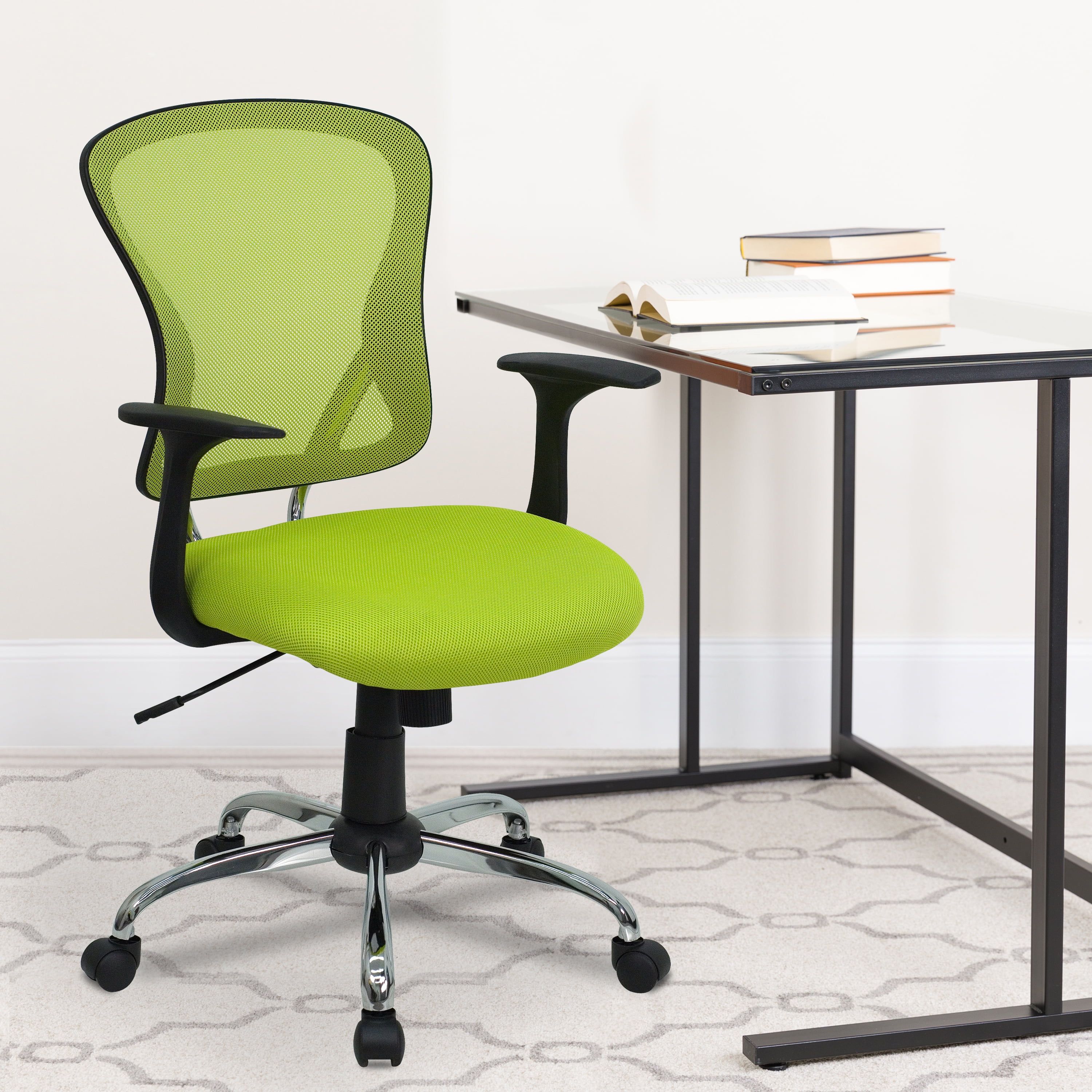 Ergonomic Mid-Back Green Mesh Task Chair with Fixed Metal Arms