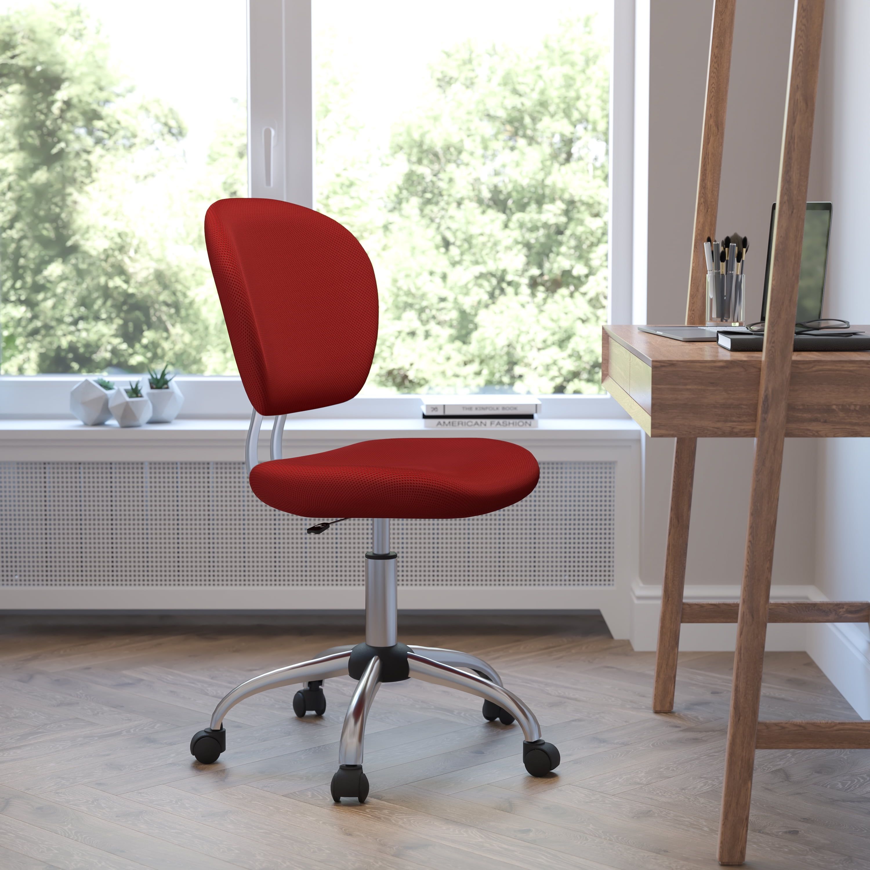 ErgoSwivel Mid-Back Red Mesh Armless Task Chair with Chrome Base