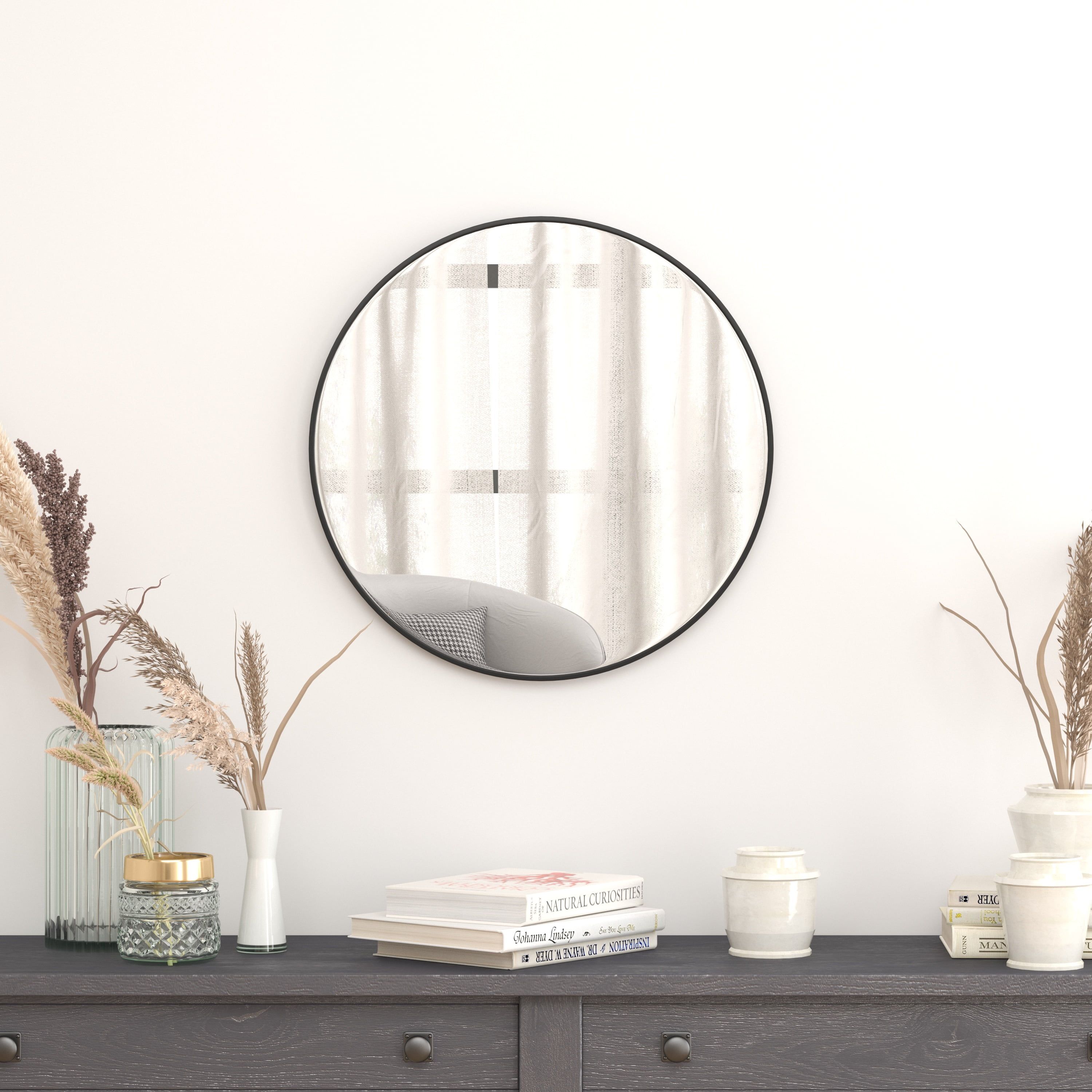 24" Round Wood & Gold Framed Modern Wall Mirror