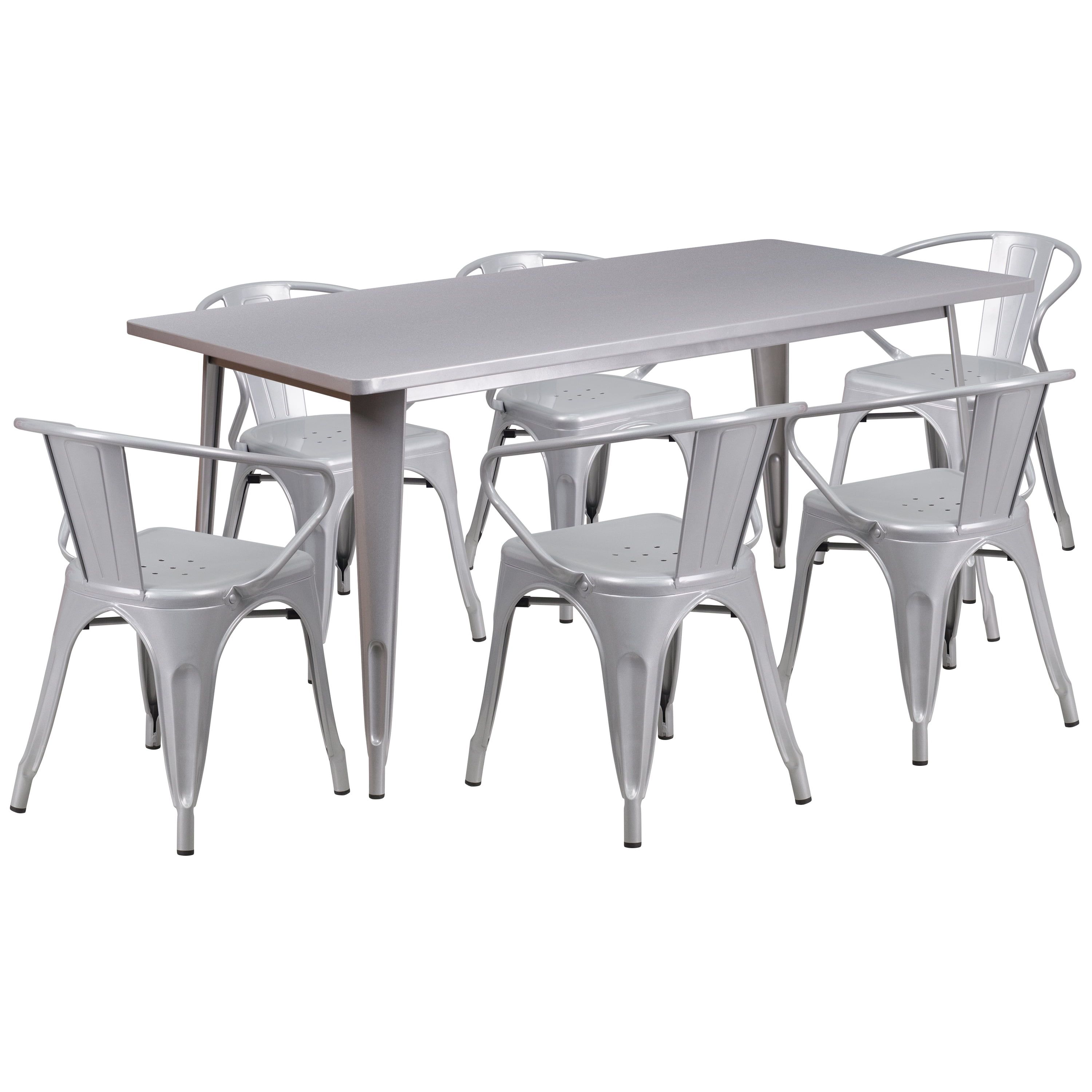 63'' Silver Steel Rectangular Dining Table Set with 6 Chairs