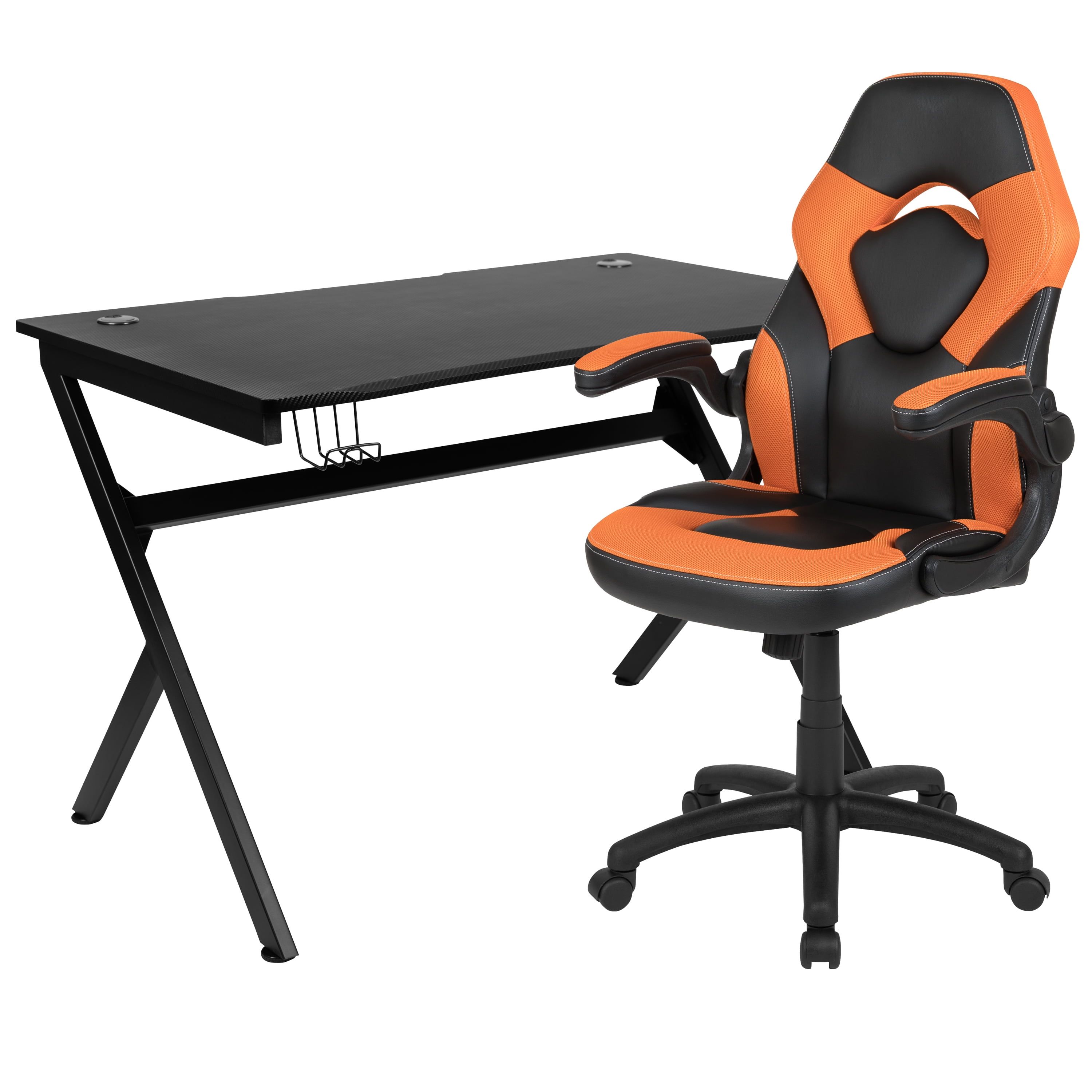 50" Carbon Fiber Black and Orange Gaming Desk & Chair Set with Cup Holder